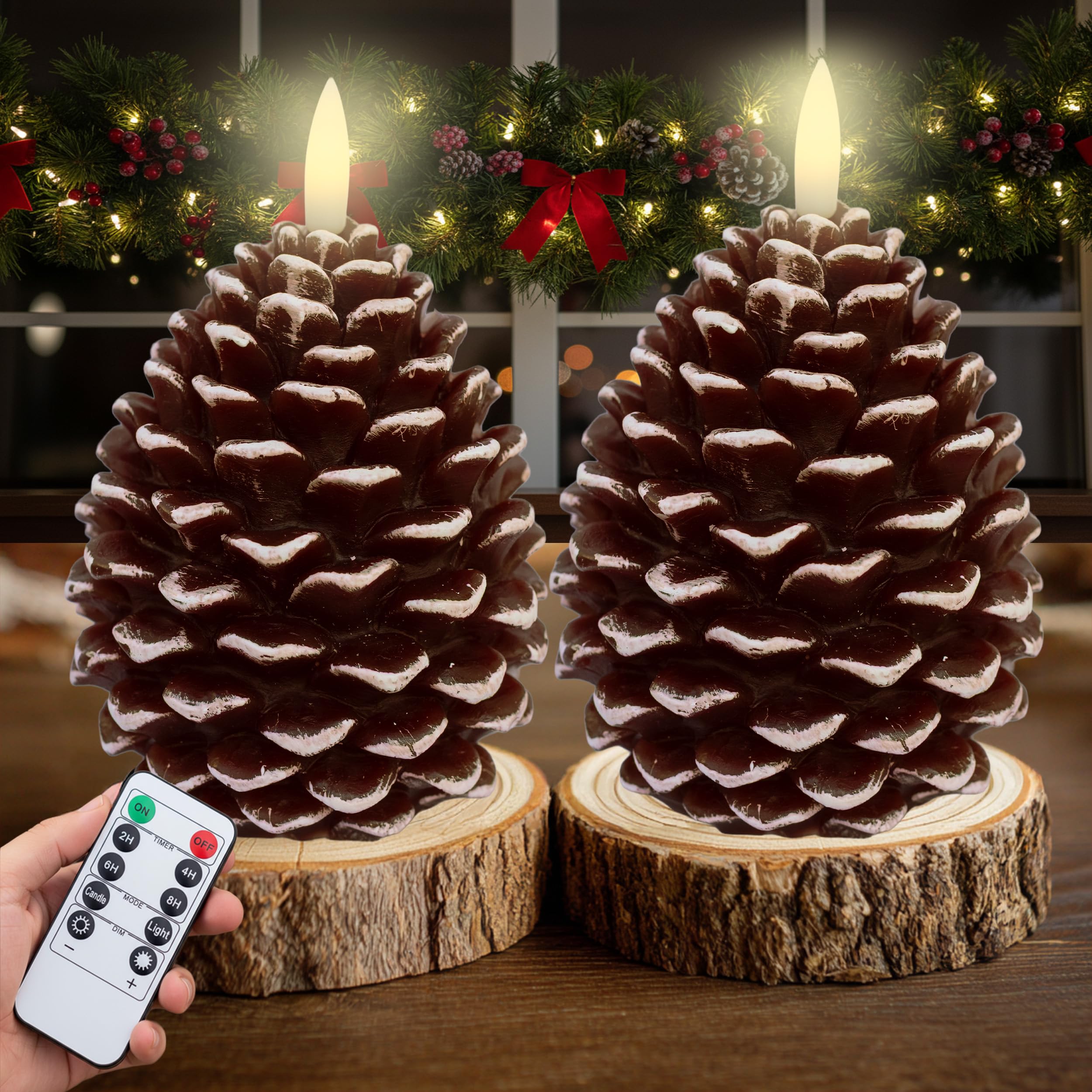 AXYLEX Pine Cone Candles Battery Operated, Pinecones with Remote and Timer, LED Real Wax Flameless Flickering Candle for Christm