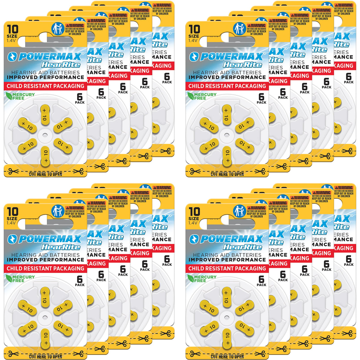 Powermax Size 10 Hearing Aid Batteries, 120 Count Long Lasting Battery Pack, Yellow Long Tab For Easy Change