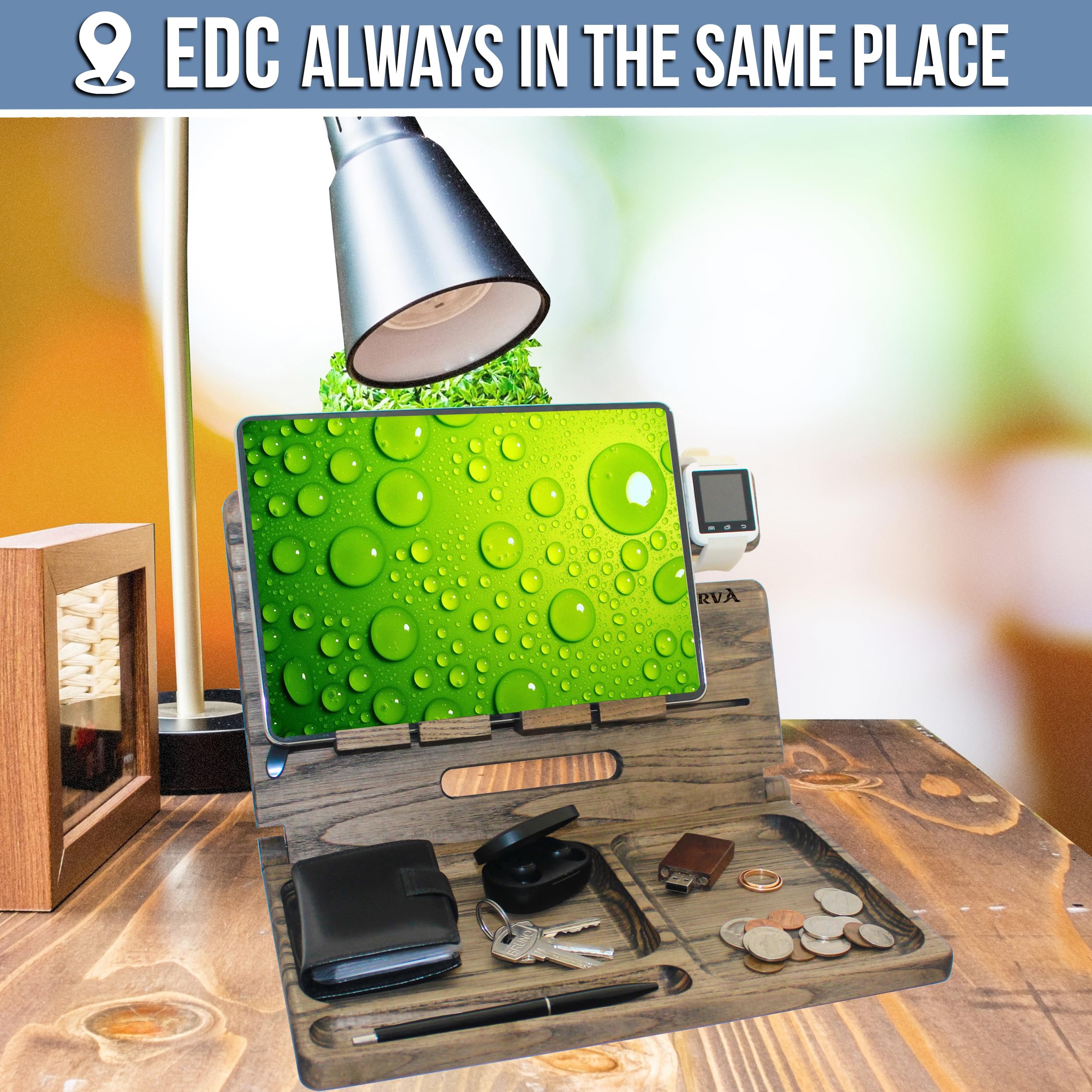 Barva Two Phone Docking Station | Foldable Night Stand Desk Organizer | Rustic Nightstand Organizer | Tablet Smart Watch Earbuds