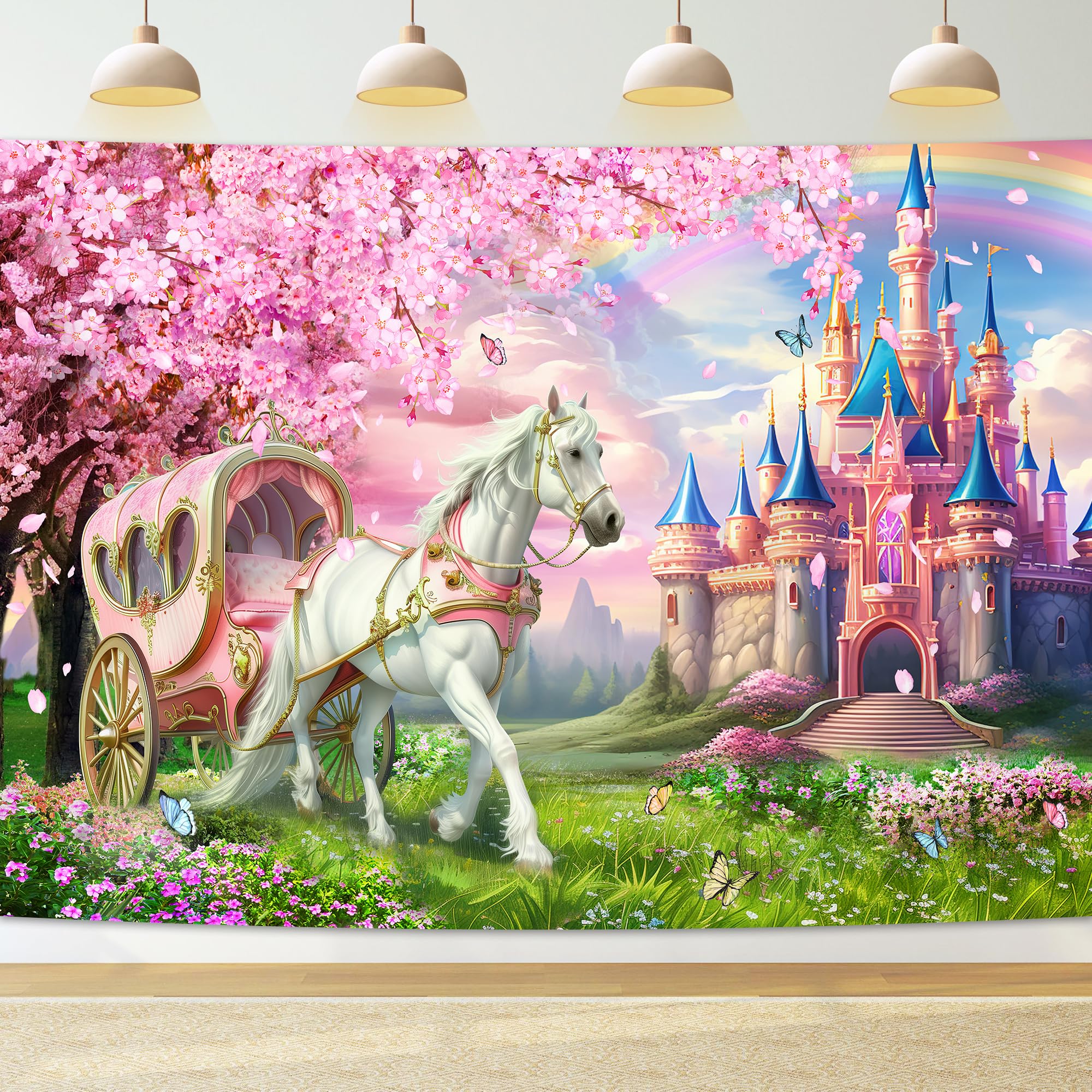 Riyidecor Princess Castle Backdrop Polyester Fabric Pink Sakura Rainbow Flowers Floral Fantasy Fairy Tale Wonderland 7Wx5H Feet
