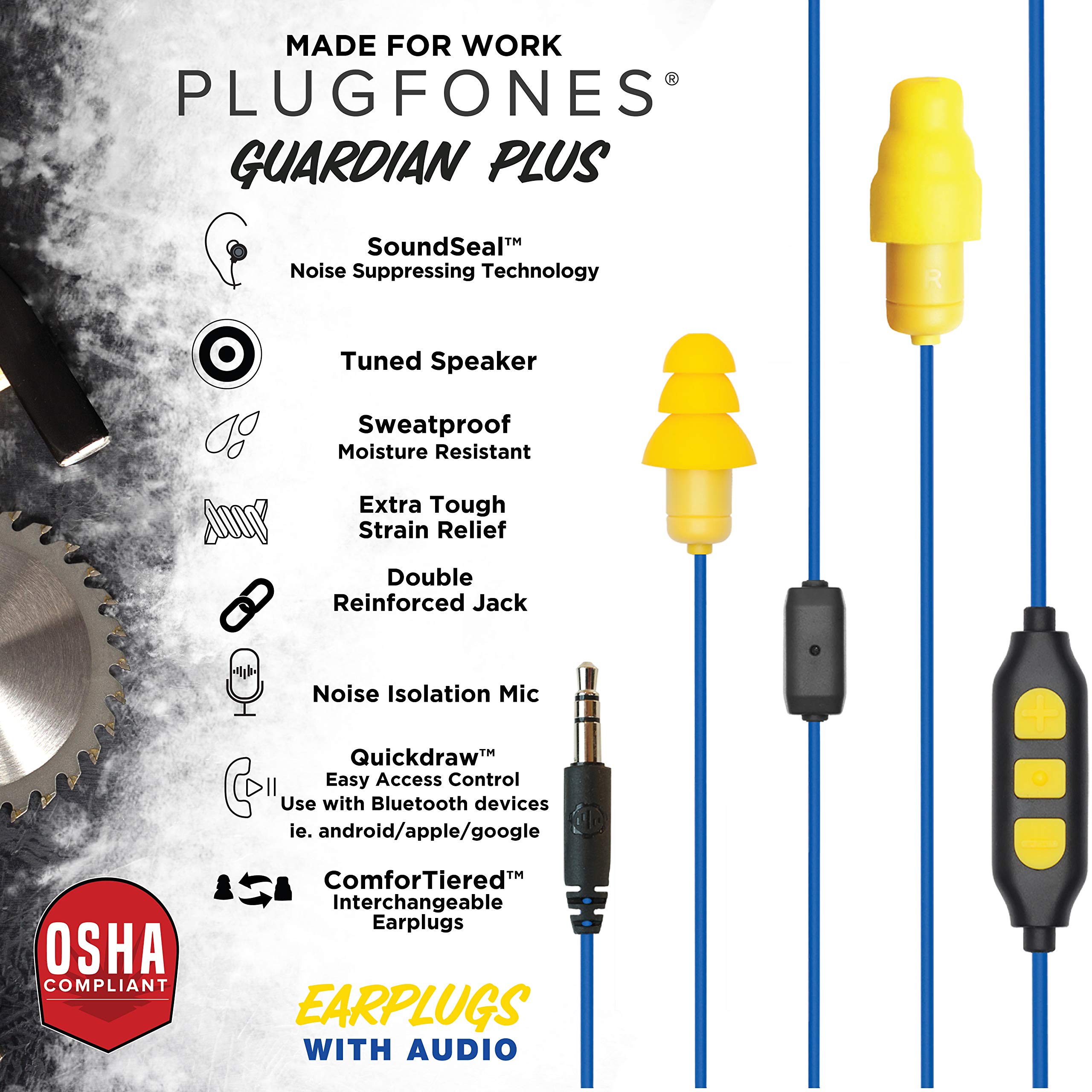 Plugfones Guardian Plus, Earplugs With Audio, 26 Db Nrr, Noise Isolating Mic And Controls