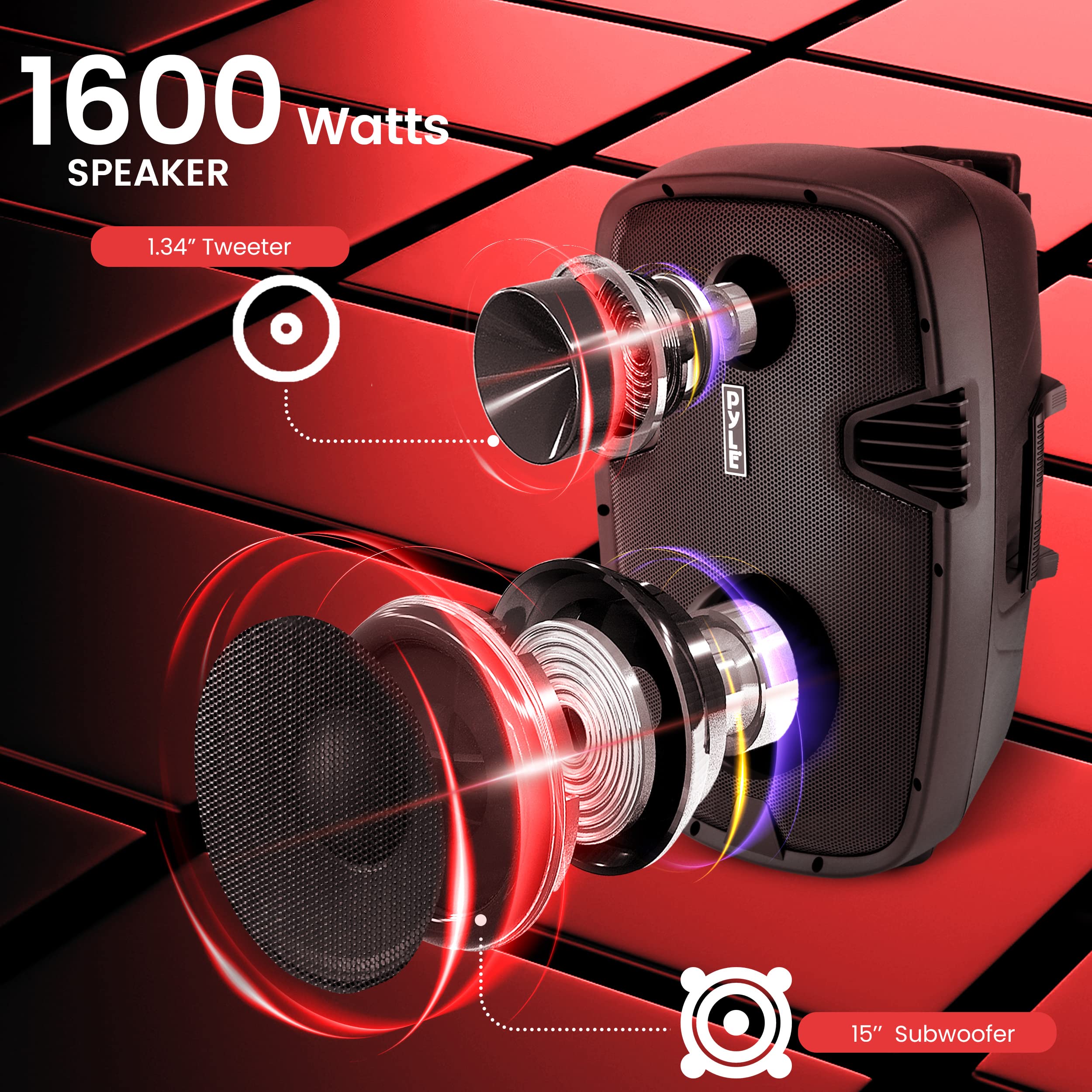 Pyle 1600 Watt, 15'' Bluetooth Pa Speaker Indoor/Outdoor Portable Sound System With (2) Uhf Wireless Microphones Rechargeable Ba