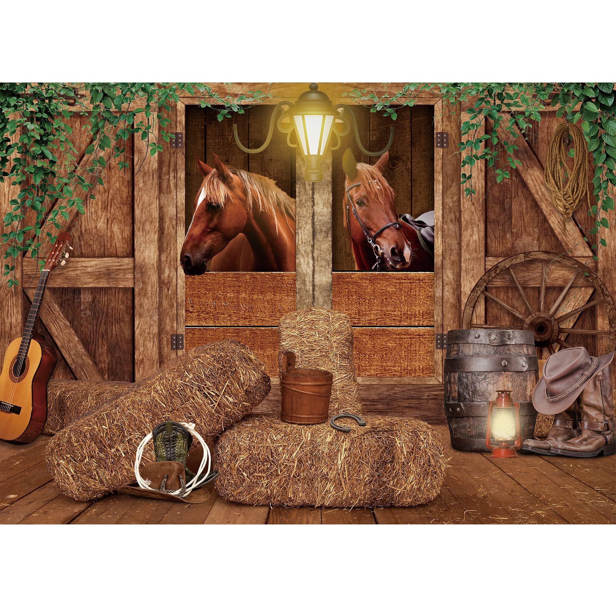 Svbright Stable Western Backdrop 8Wx6H Farmhouse Brown Wood Barn Door Green Leaves Cowboy Horse Old Wheels Light Guitar Wild Wes