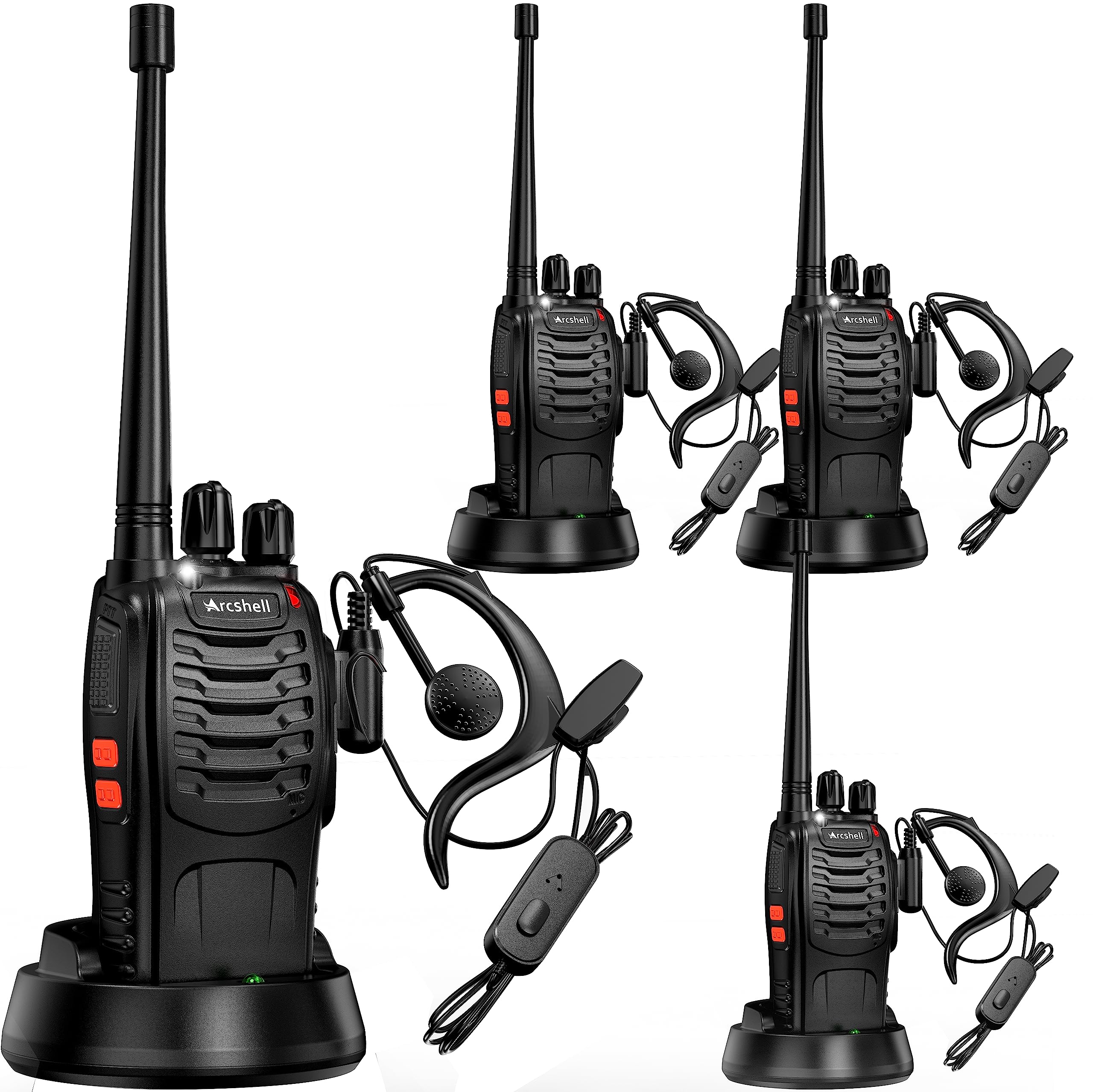 Arcshell Rechargeable Long Range Two Way Radios With Earpiece 4 Pack Arcshell Ar 5 Walkie Talkies Li Ion Battery And Charger Included