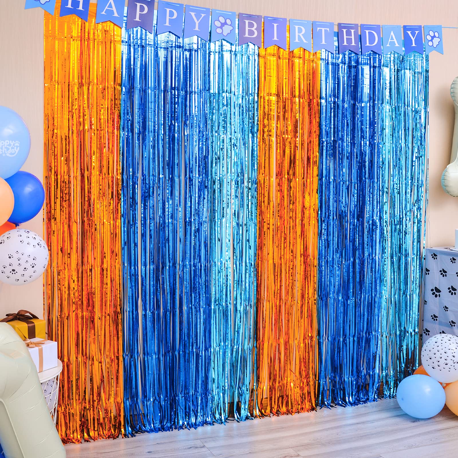 Lolstar Blue Dog Party Decorations,2 Packs Of 3.3X6.6 Ft Orange Blue And Light Blue Foil Fringe Curtains, Blue Dog Birthday Part