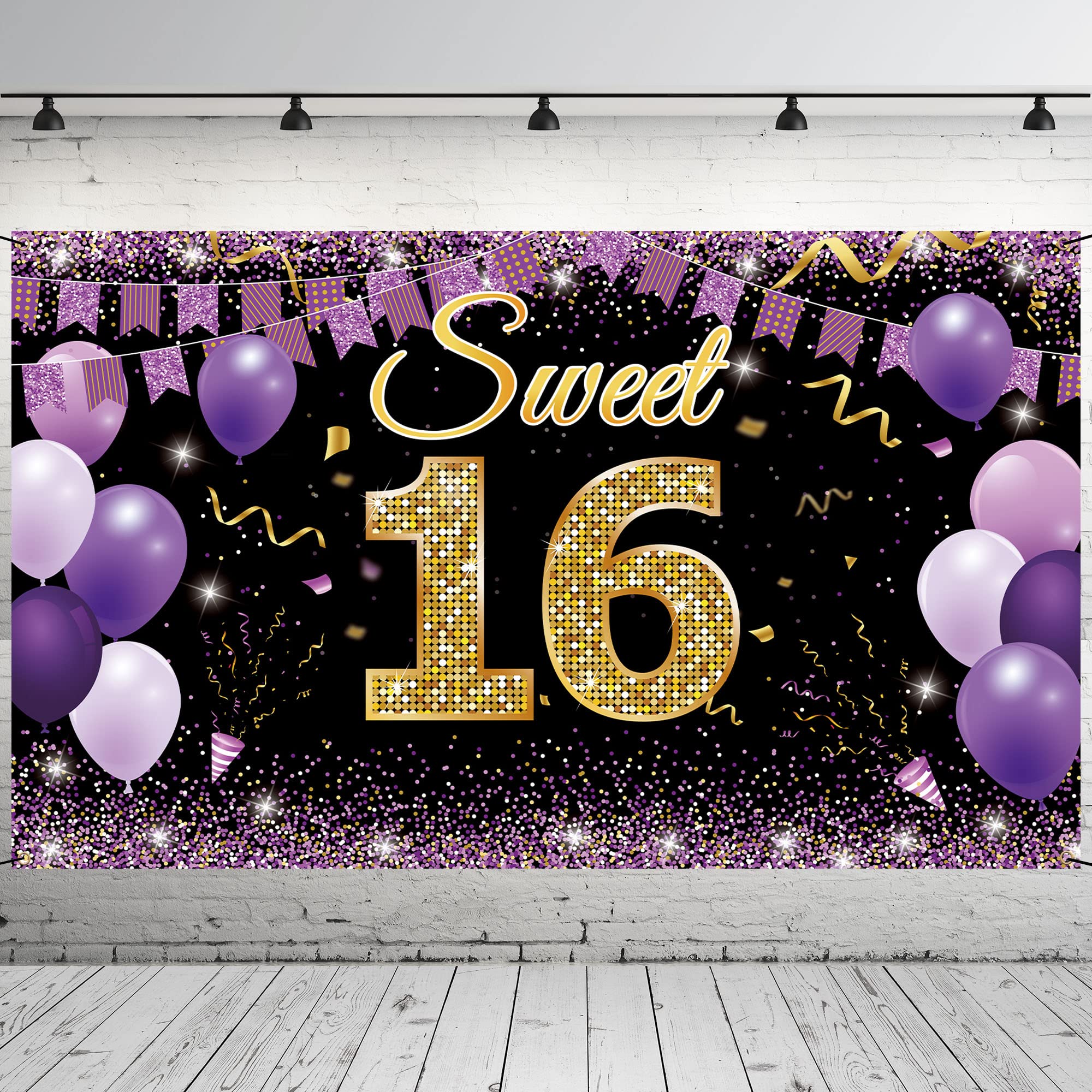 Sweet 16 Birthday Decorations Backdrop Banner, Happy 16Th Birthday Decorations For Girls, Gold Purple Sweet Sixteen Party Decora