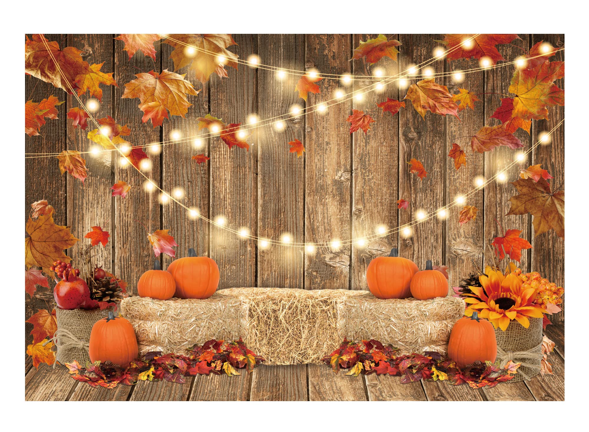 Funnytree 7X5Ft Fall Pumpkin Photography Backdrop Autumn Thanksgiving Harvest Hay Leaves Wooden Background Sunflower Maple Baby