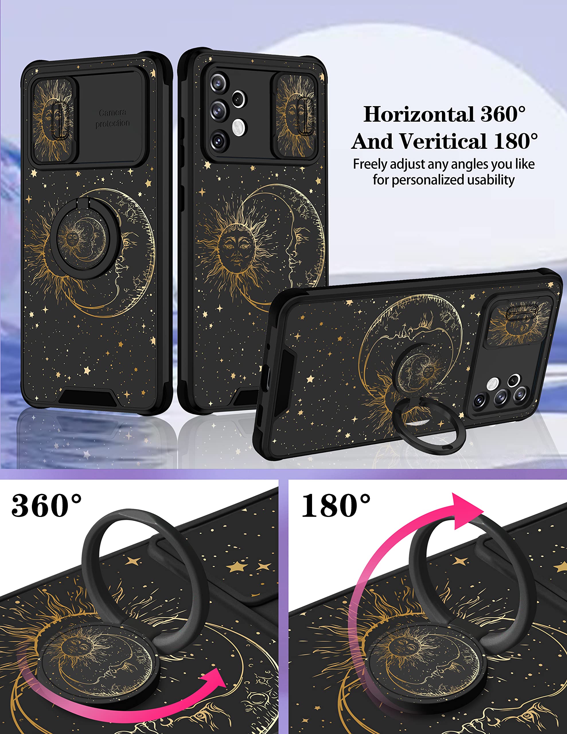 Goocrux (2In1 For Samsung Galaxy A32 5G Case Sun And Moon Women Girls Cute Stars Space Phone Cover With Slide Camera Cover+Ring