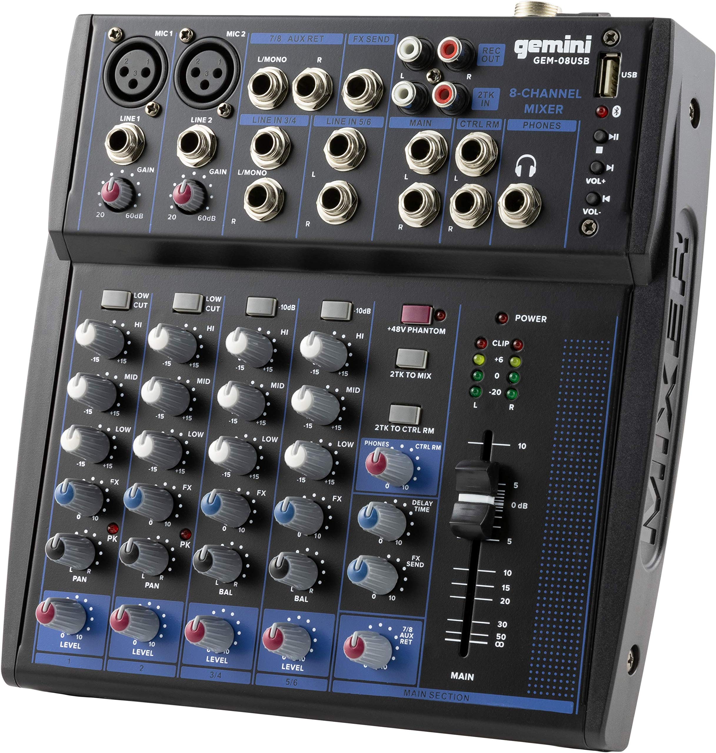 Gemini Sound Gem 08Usb   8 Channel Bluetooth Audio Mixer, Professional Compact Dj Mixer With Usb Playback, Phantom Power, 3 Band Eq, And Adjustable Fx
