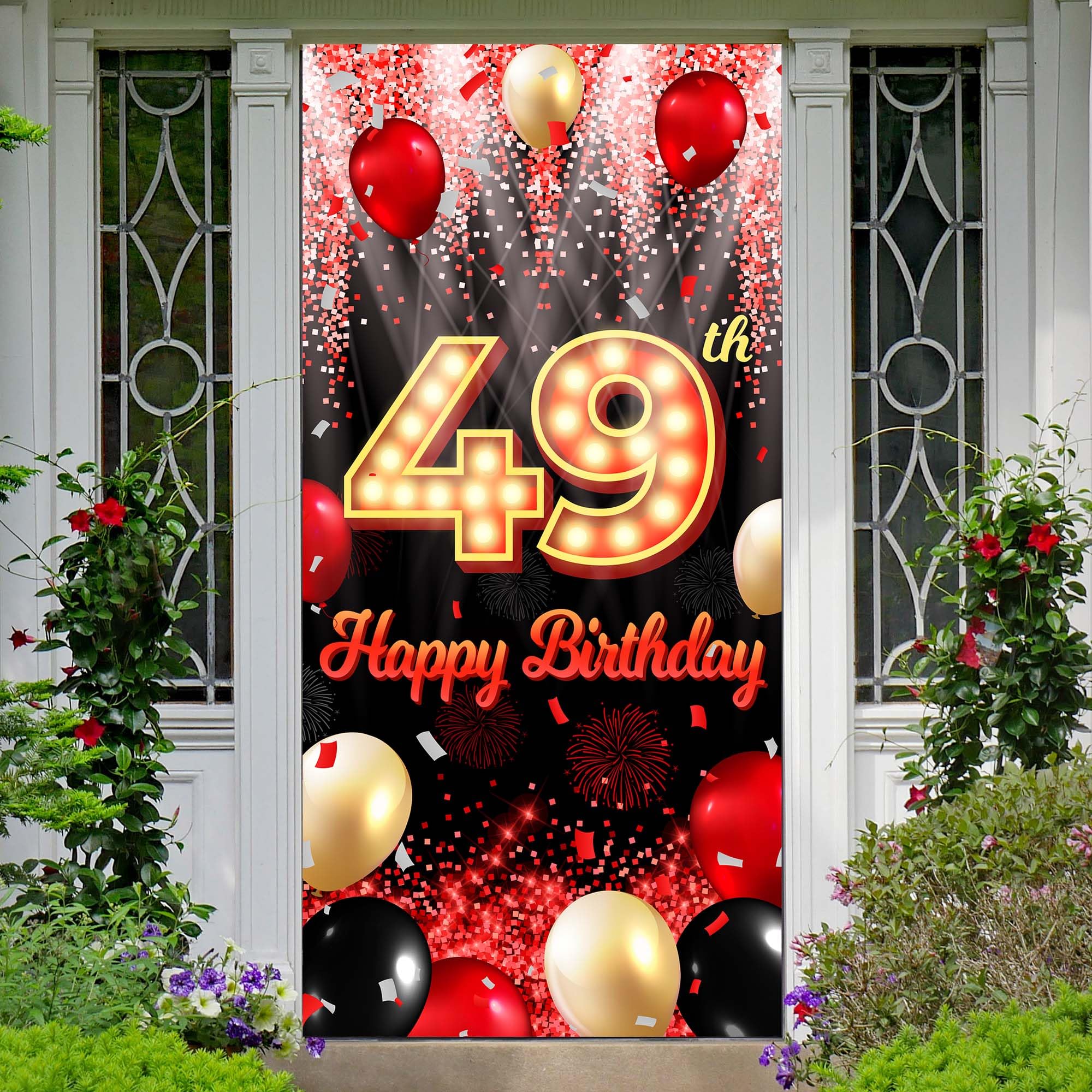 Happy 49Th Birthday Backdrop Banner Black And Red Theme Background With Neon Shiny Fashion Birthday Party Photo Photography Prop