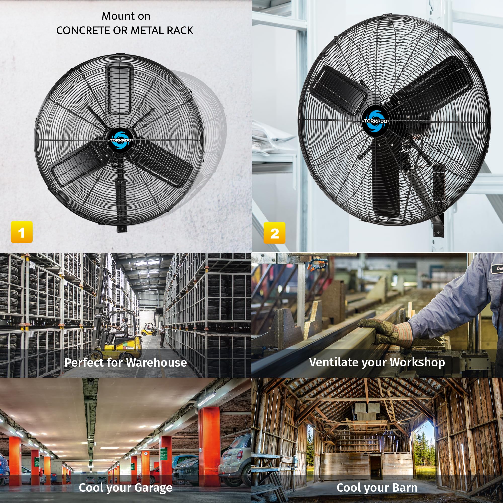 Tornado 24 Inch Outdoor Wall Mount Fan, Ipx4 Water-Resistant, High Velocity, Oscillating, 2-Speed, 7350 Cfm, Teao Motor, Ul List