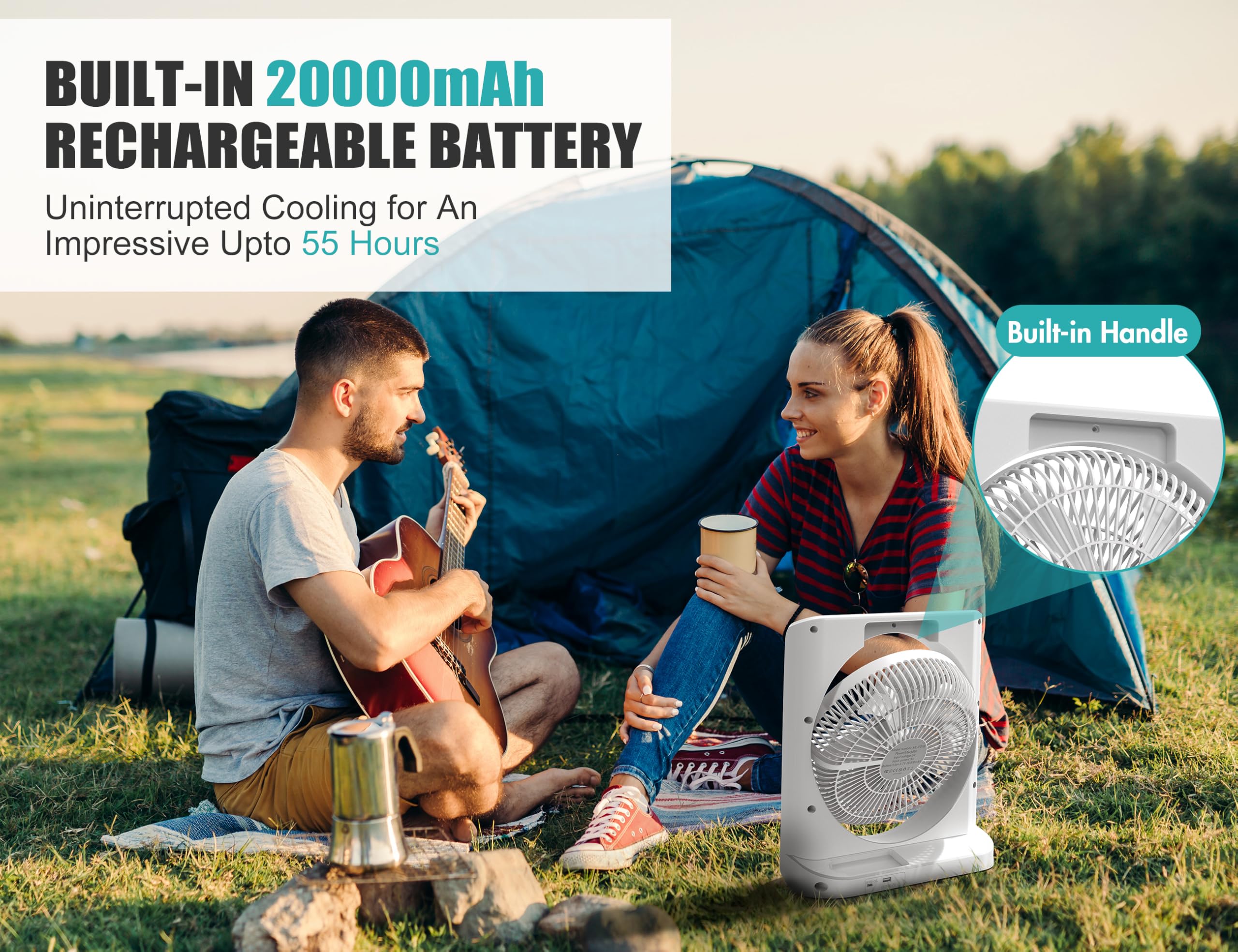 20000Mah Rechargeable Fan For Camping   55H Super Long Last Battery Operated Fan, 10'' Square Table Fan With Timer, 210 Pivot 4