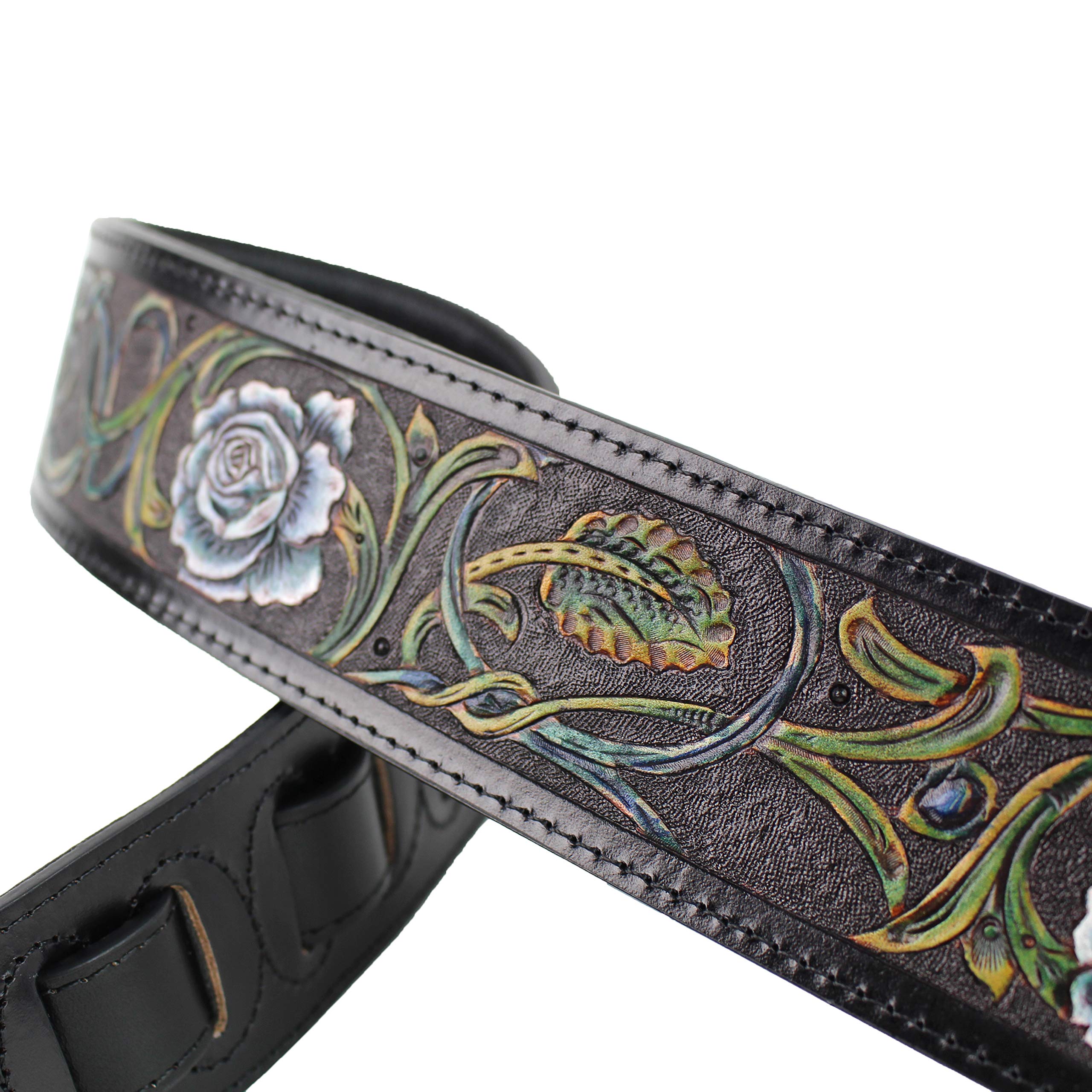 Walker And Williams Lhr 13 Handmade Black Premium Carved Leather Guitar Strap With Prussian Blue And White Western Floral Carvin