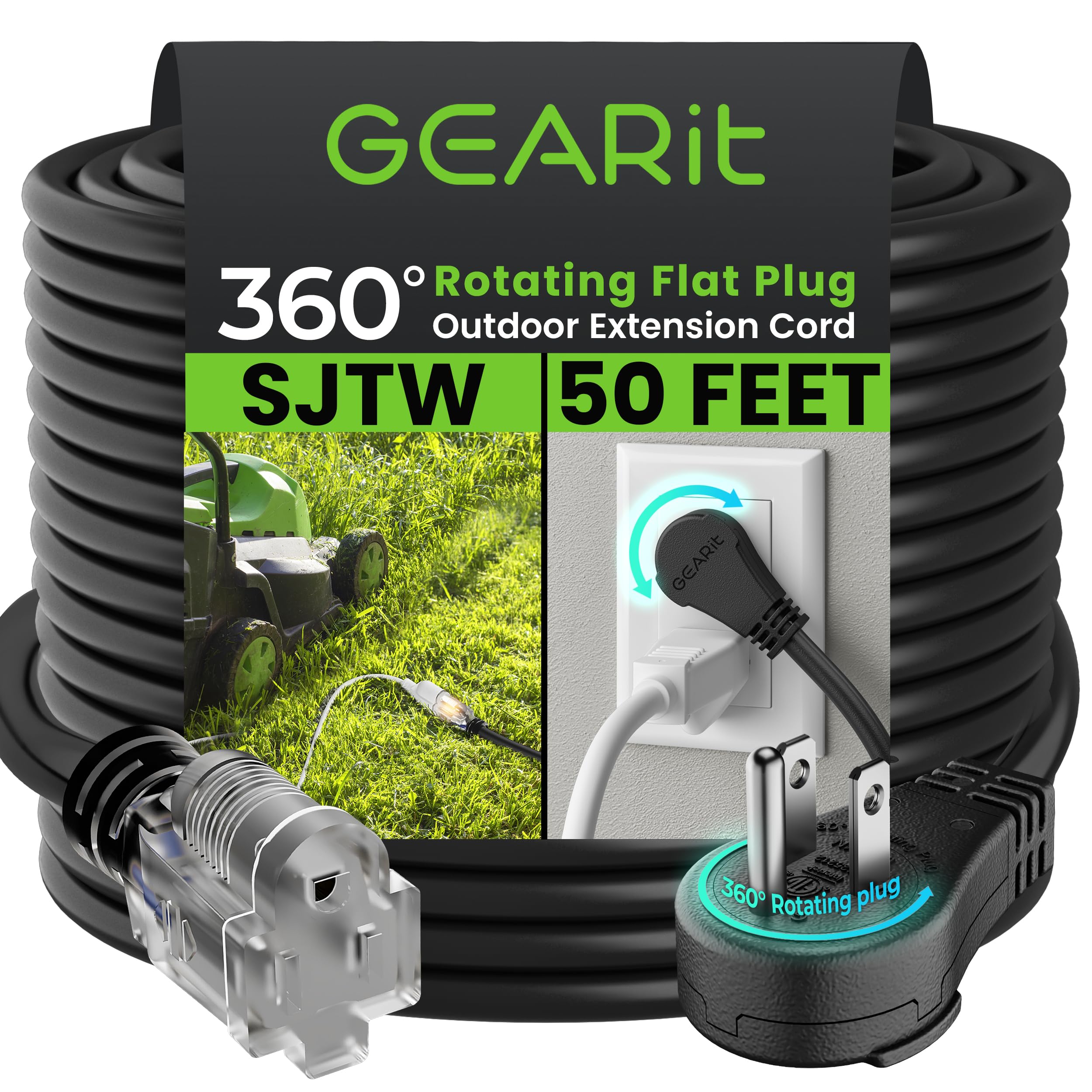 Gearit 360 Rotating Plug Indoor Outdoor Extension Cord Waterproof 50Ft   16 Gauge 16/3 Awg, 13A 1625W, 3 Prong Heavy Duty Extens