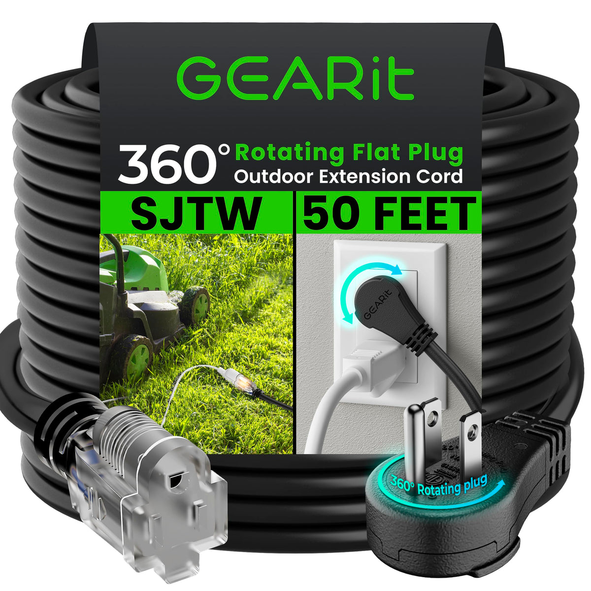 Gearit 360 Rotating Plug Indoor Outdoor Extension Cord Waterproof 50Ft   16 Gauge 16/3 Awg, 13A 1625W, 3 Prong Heavy Duty Extens