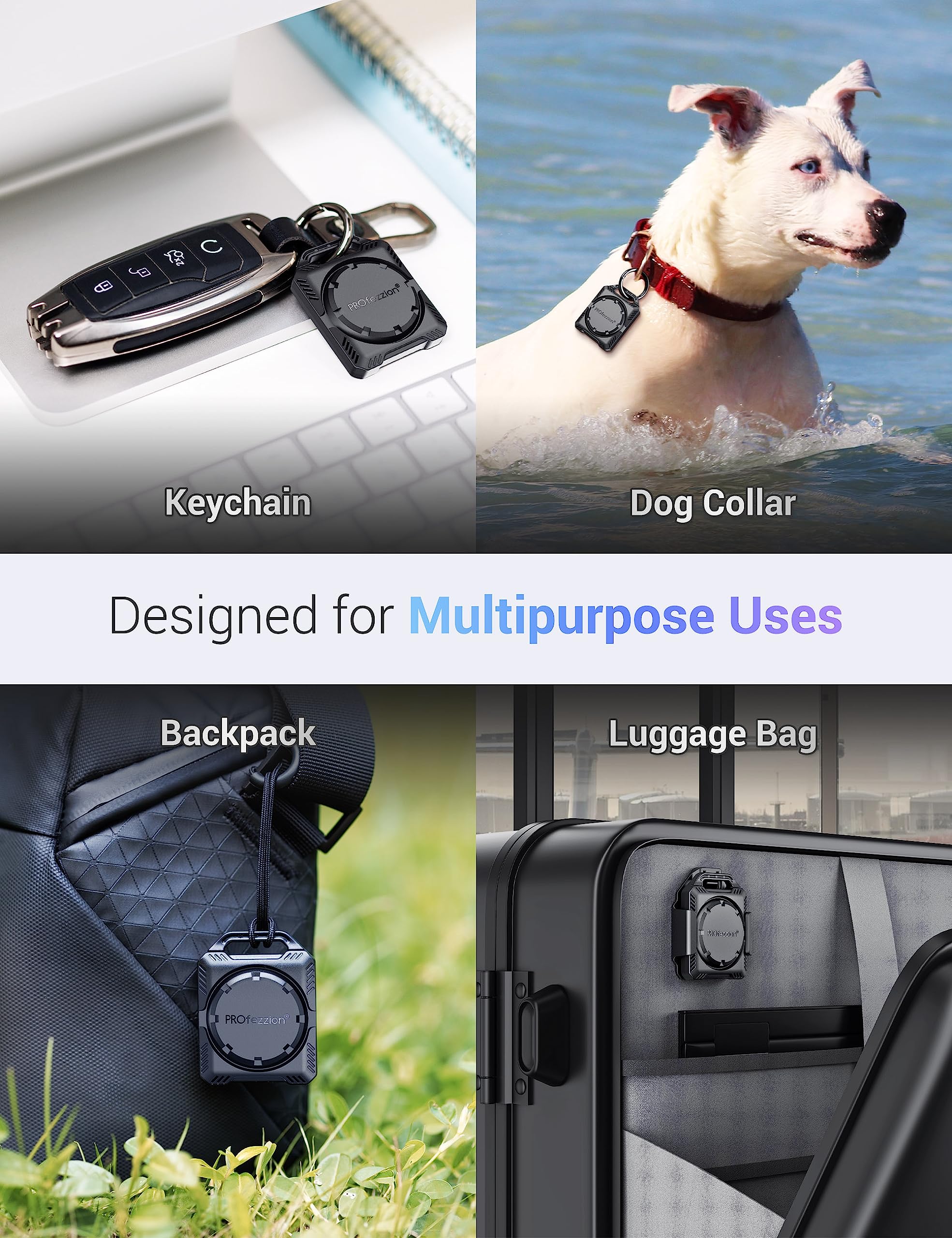 Profezzion 2 Pack Airtag Holder Air Tag Case With Key Ring, Loop Strap & 3M Adhesive Mount For Keychain, Dog Collar, Backpack, L
