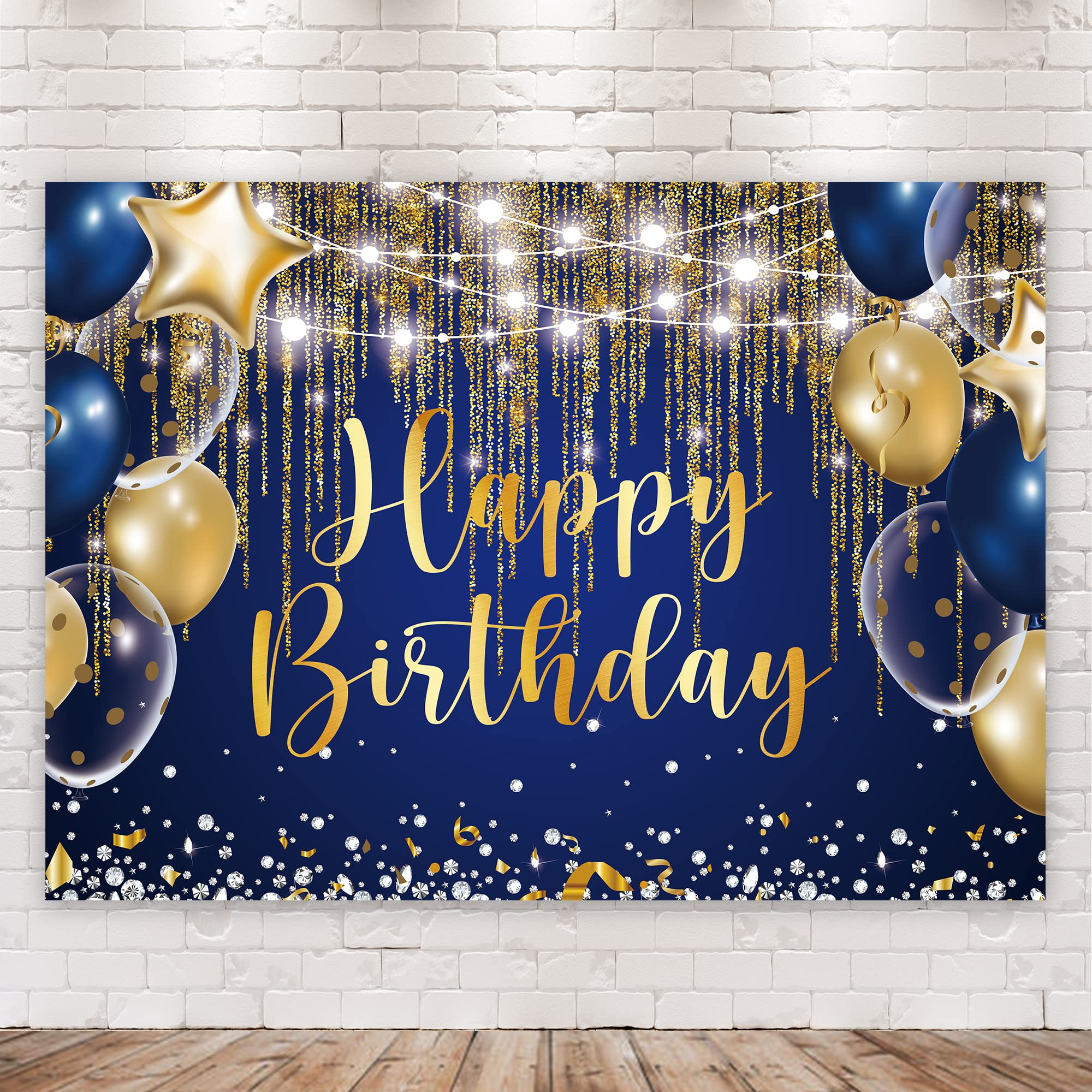 Riyidecor Blue Gold Happy Birthday Navy Royal Backdrop 7Wx5H Feet Polyester Fabric Men Boy Golden Dot Balloon Diamond Sparkle Co