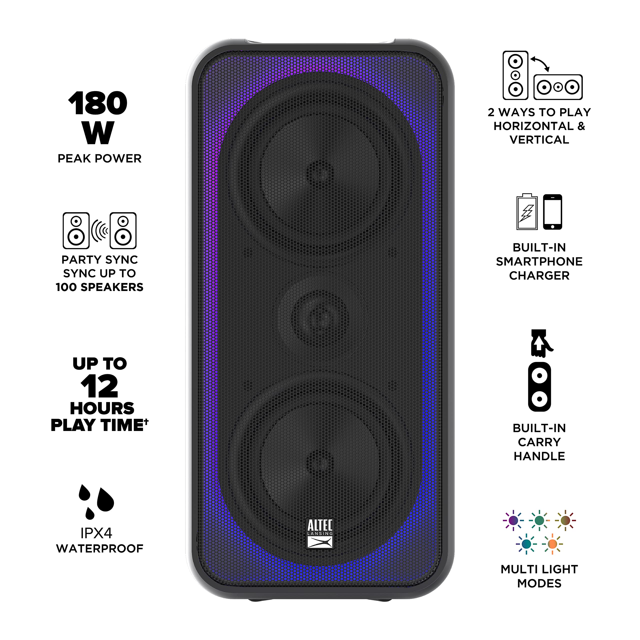 Altec Lansing Shockwave 200 Wireless Party Speaker 180W Bluetooth Speaker With A Long Lasting 12 Hour Battery, Multi Led Party M