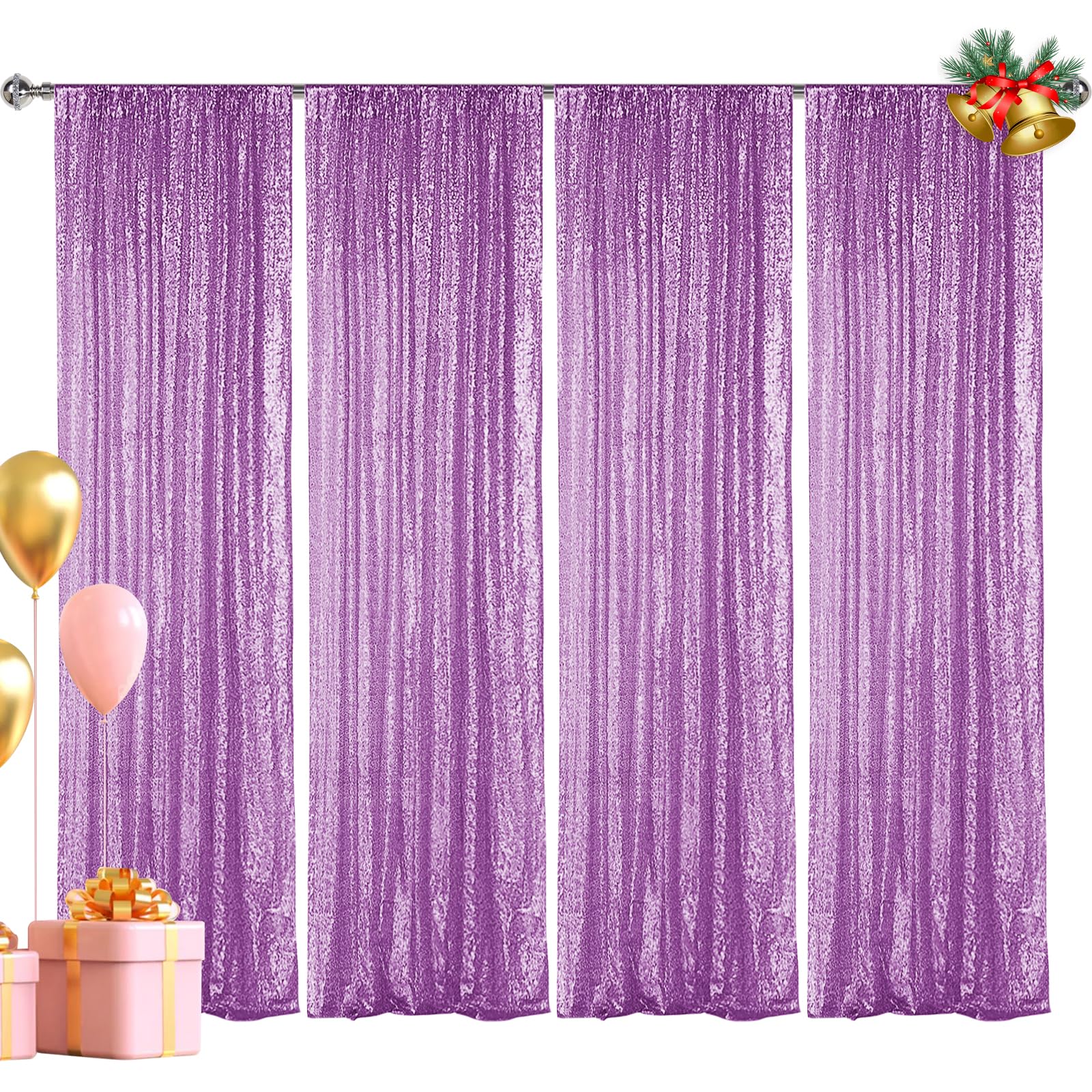 Hahuho Lavender Sequin Backdrop Curtain, 4Pcs 2Ftx8Ft Glitter Backdrop Curtain For Parties, Christmas, Wedding, Party Decoration