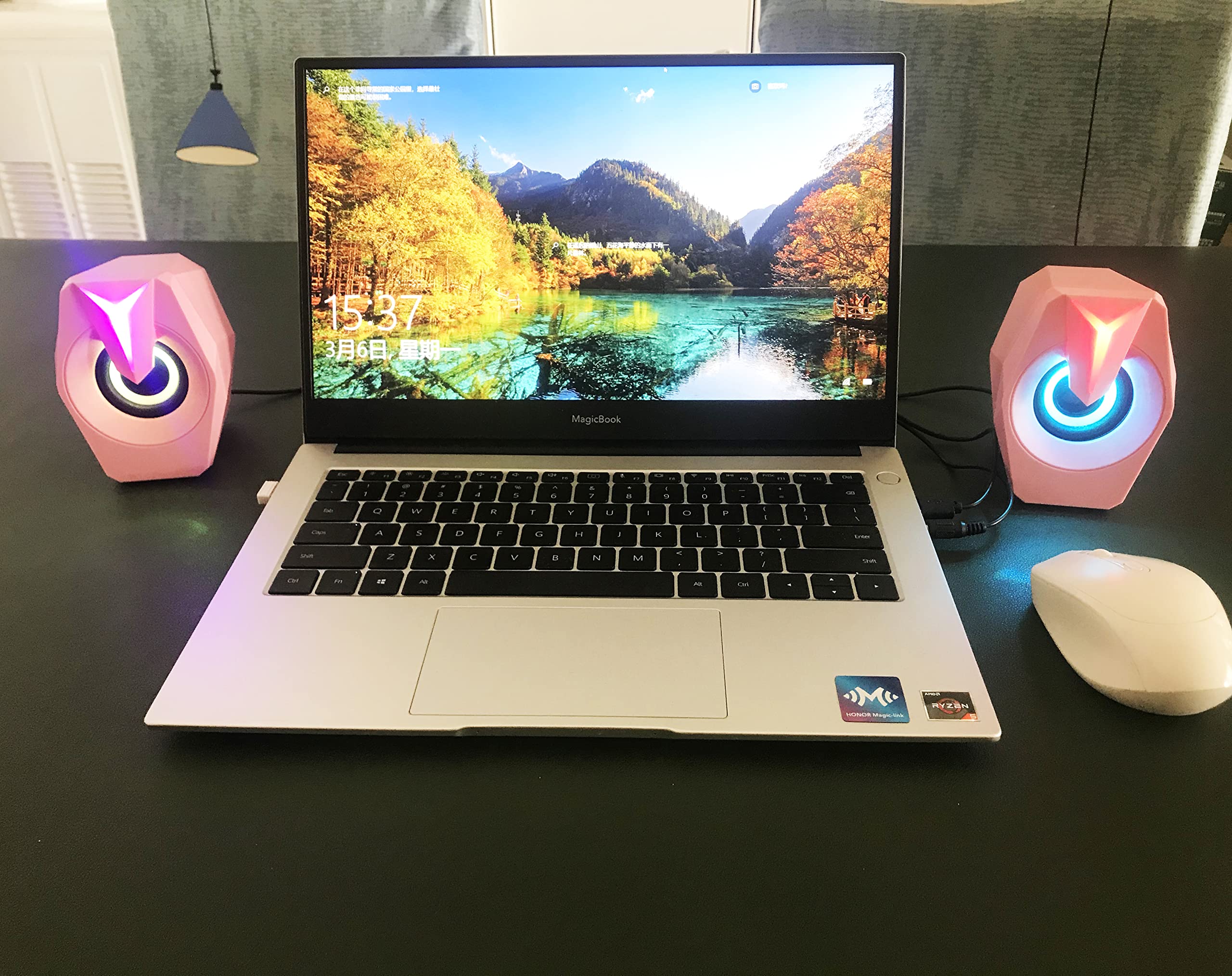 Computer Speaker Rgb Pink Game Led Speaker For Pc 2.0 Wired Usb Powered Stereo Volume Control Dual Channel Multimedia Aux 3.5Mm
