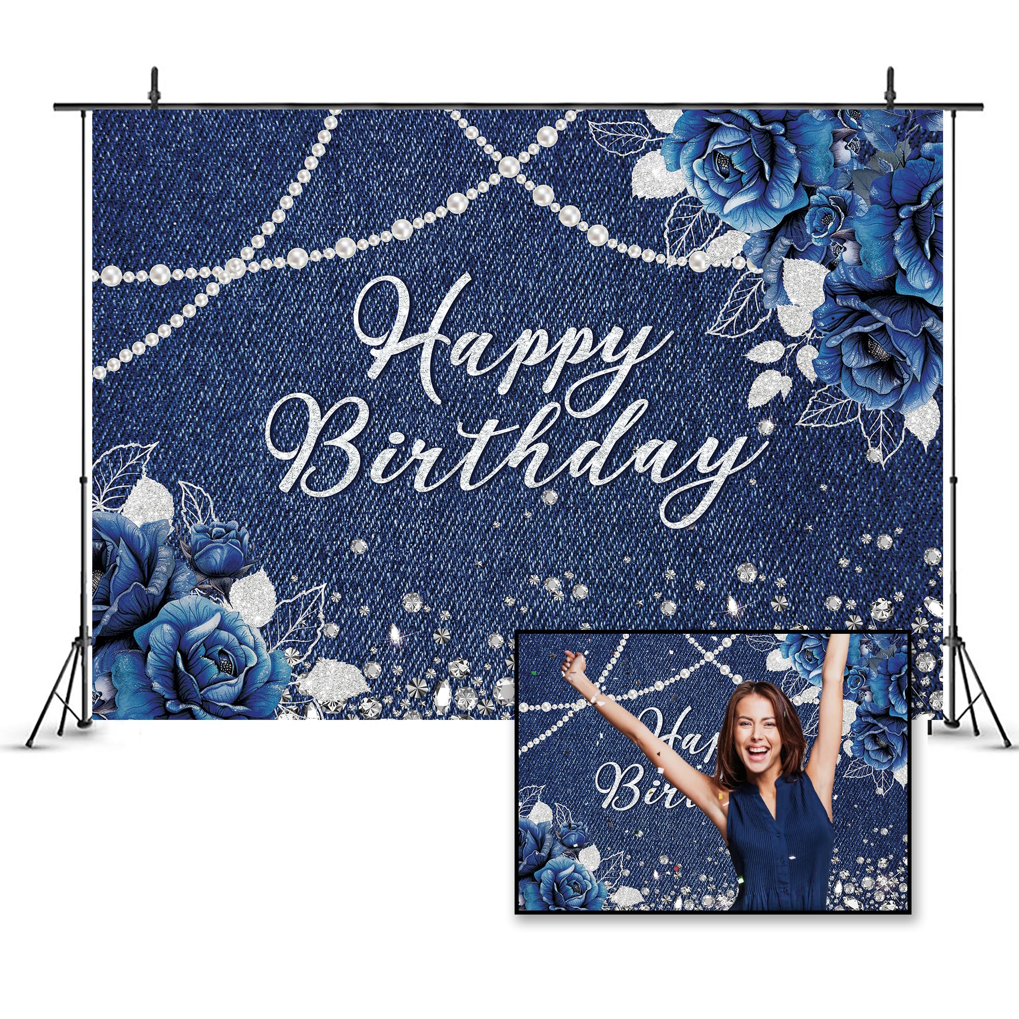Ufeela Denim Diamonds Birthday Backdrop 7Wx5H Feet Fabric Polyester Navy Blue Silver Floral Rose Modern Luxury Sparkle Shining P