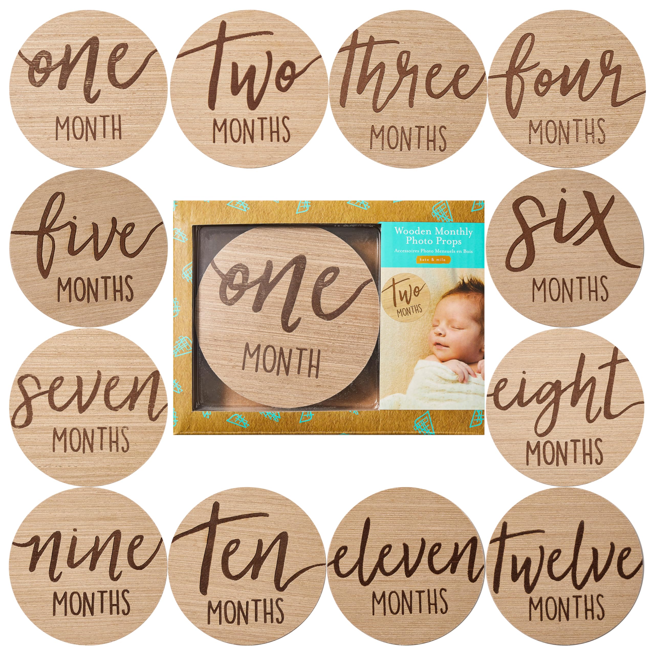 Kate & Milo Baby Monthly Milestone Marker Discs   Classic Cursive Script Wooden Discs With Reversible Photo Props For Baby Annou