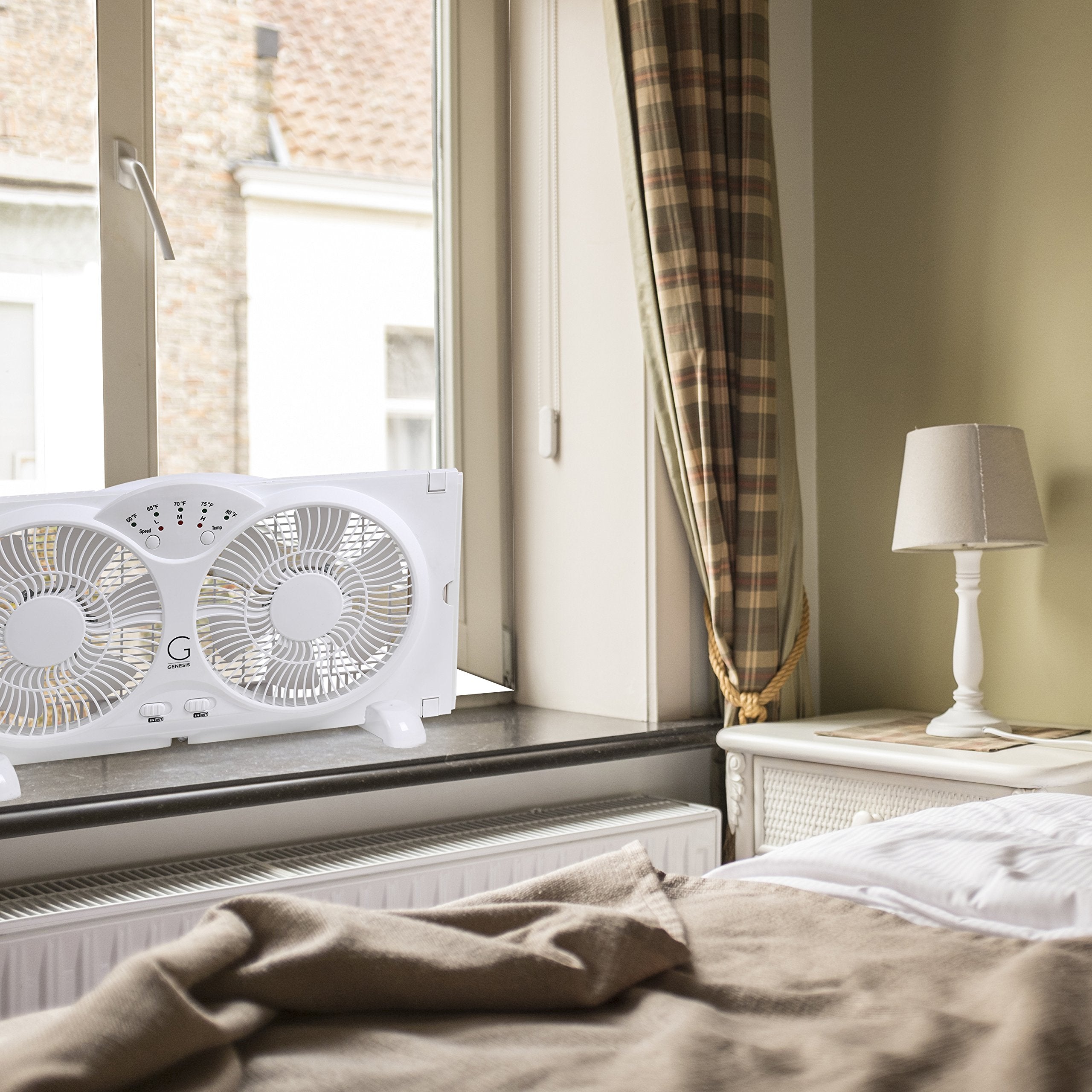 Genesis Twin Fan - High Velocity Reversible AirFlow, LED Indicator, Adjustable Thermostat, 9" Plastic, White, Model A1WINDOWFAN