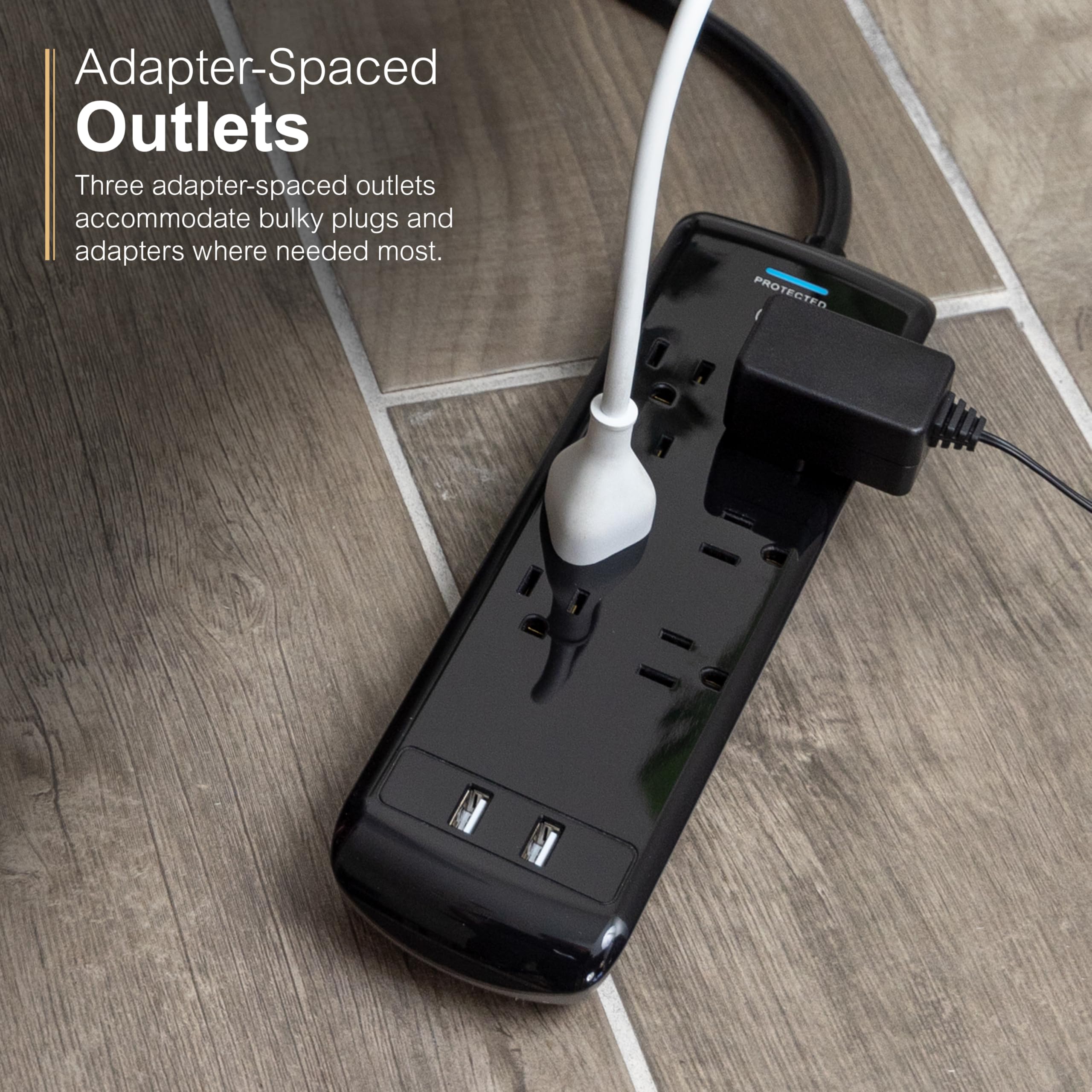 Ge Pro 7 Outlet Surge Protector, 2 Usb Ports, 3 Ft Extension Cord, 1780 Joules, 2.1 Amp/10 Watt, 3 Adapter Spaced Outlets, Flat