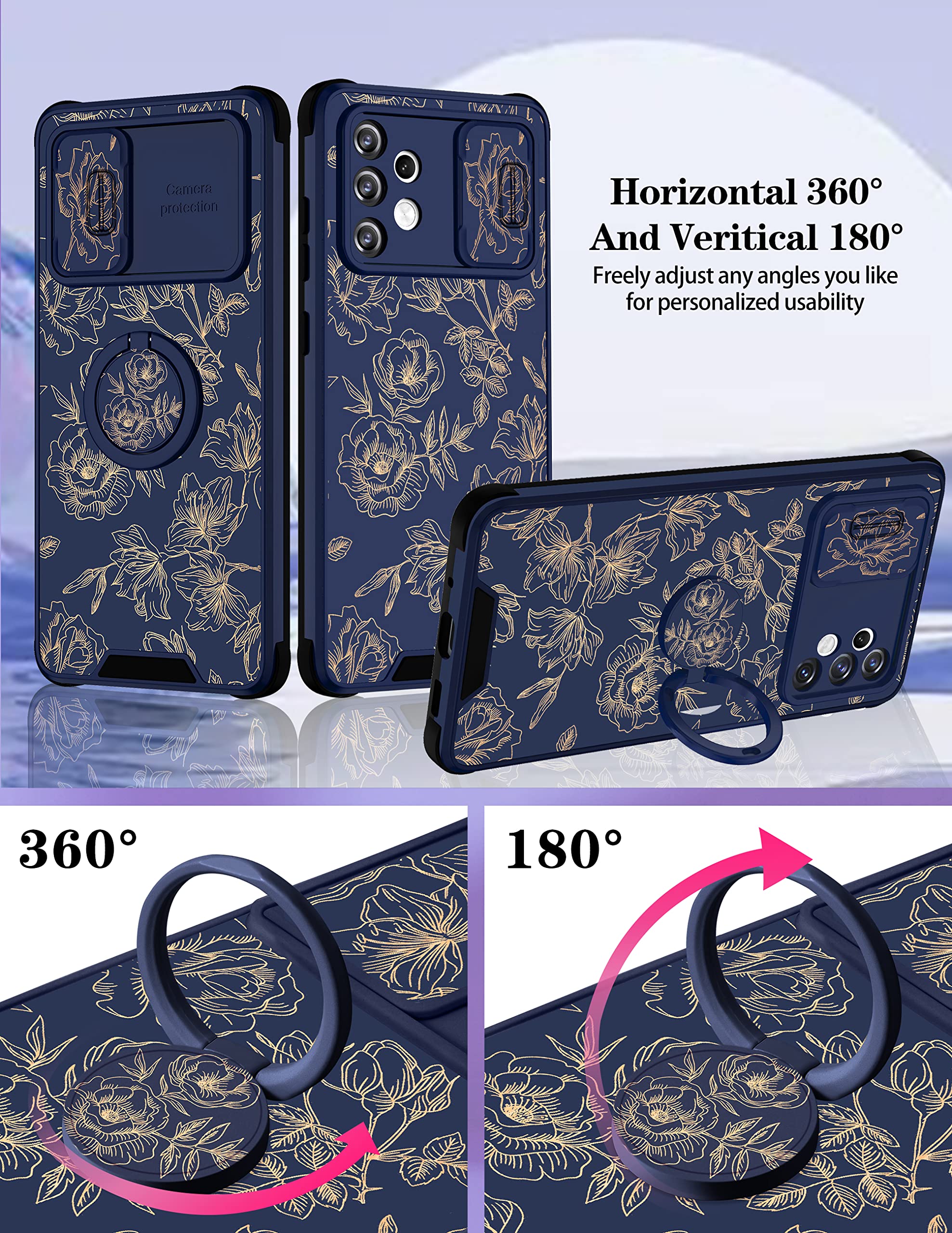 Goocrux (2In1 For Samsung Galaxy A32 5G Case Floral Flowers For Women Girls Girly Phone Cover Cute Gold Plants Pattern Design Wi