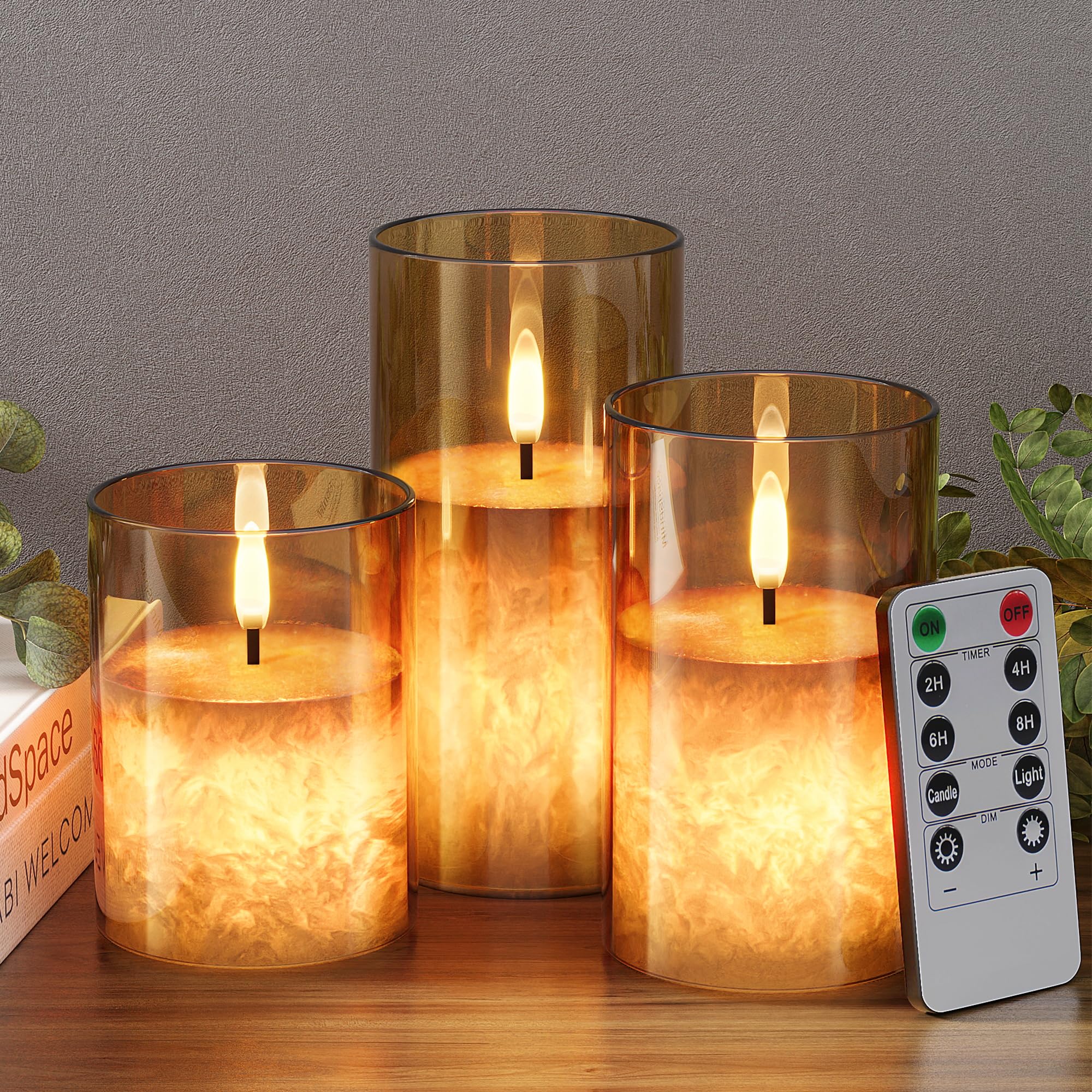 Crystal Texture Design Flickering Flameless Candles With Remote & Timer, Real Wax Battery Operated Candles With Flickering Flame