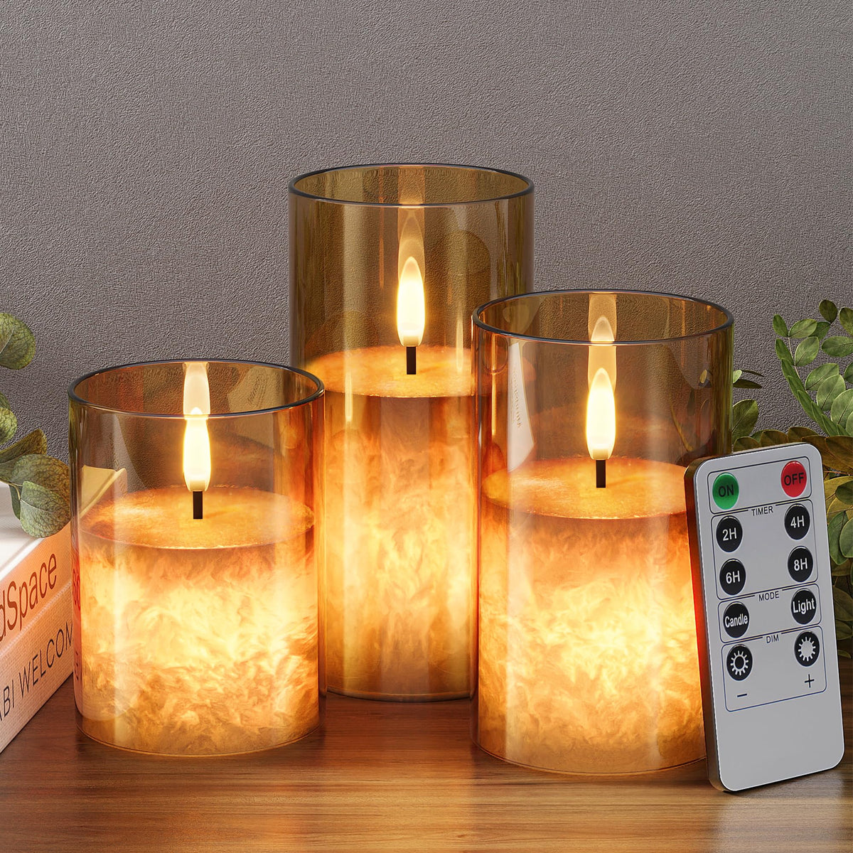 Crystal Texture Design Flickering Flameless Candles With Remote & Timer, Real Wax Battery Operated Candles With Flickering Flame