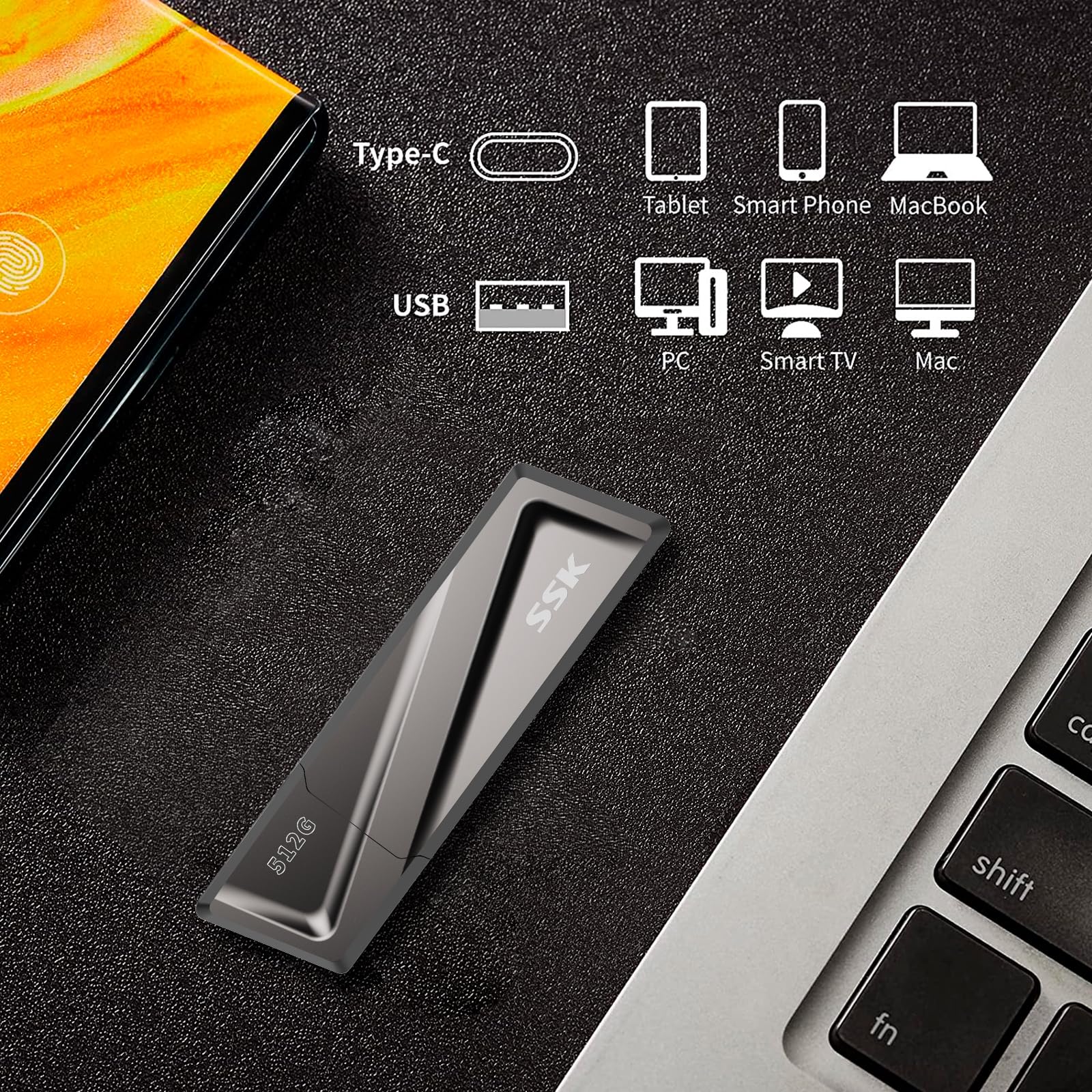 Ssk 512Gb Usb Flash Drive 550Mb/S Usb 3.2 Gen2 Usb Thumb Drive Fast Transfer Speed Externel Solid State Drive +Usb C Adapter Usb C Memory Stick For Type C Smartphone,Macbook/Pro/Air Laptop And More