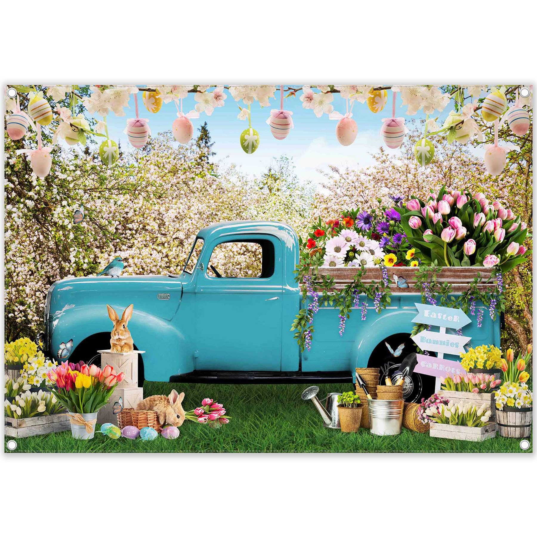 Zthmoe 7X5Ft Fabric Spring Easter Photography Backdrop Blue Truck Colorful Eggs Flowers Rabbit Background Tulip Floral Forest Ph