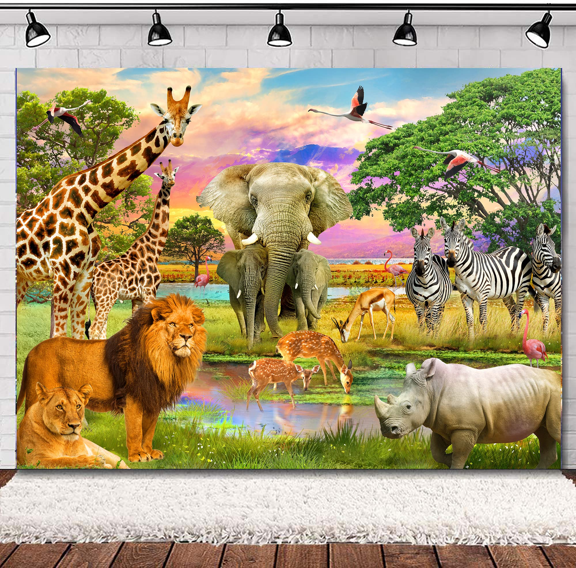 Svbright Jungle Backdrop 7Wx5H Safari Background Wildlife Summer Tropical Animal Desert African Scenic For Boy Birthday Party Ba