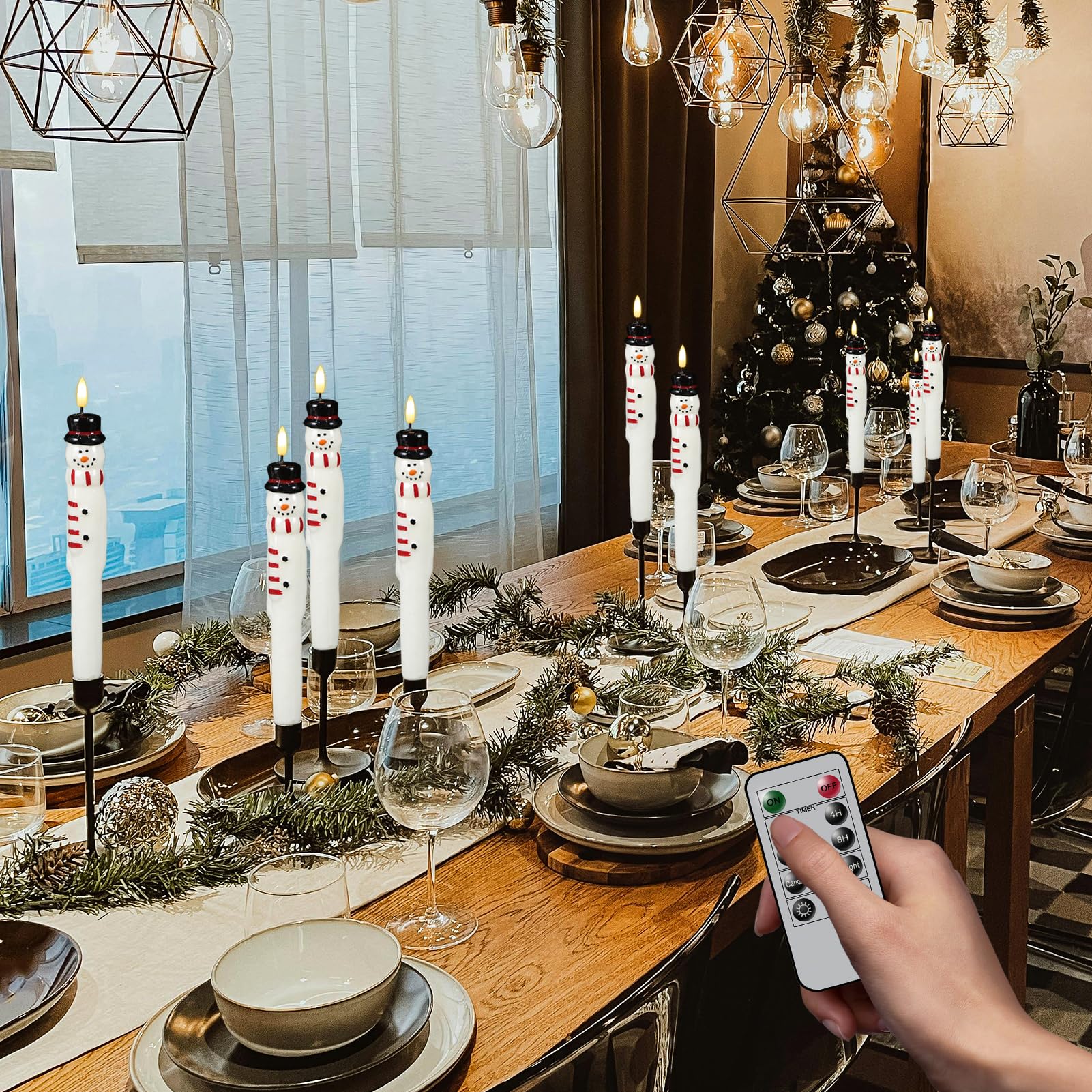 Kunswenn Christmas Taper Candles, Led Flameless Taper Candles With Timer, 2 Pcs Christmas Snowman Flameless Candlesticks With 3D