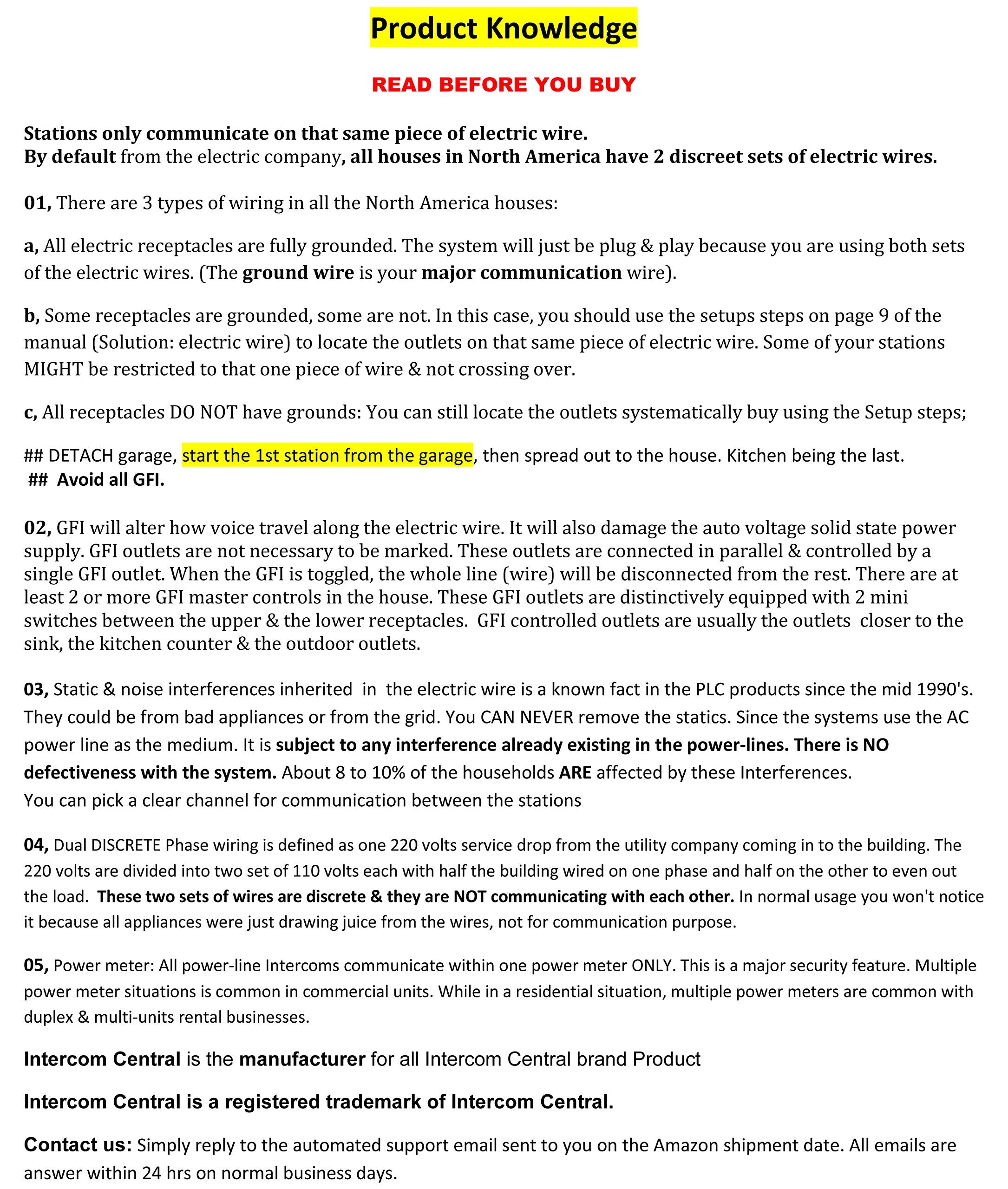Intercom Central� Ground Wire Power Line 3 Channels Intercom System, Three Stations Set.