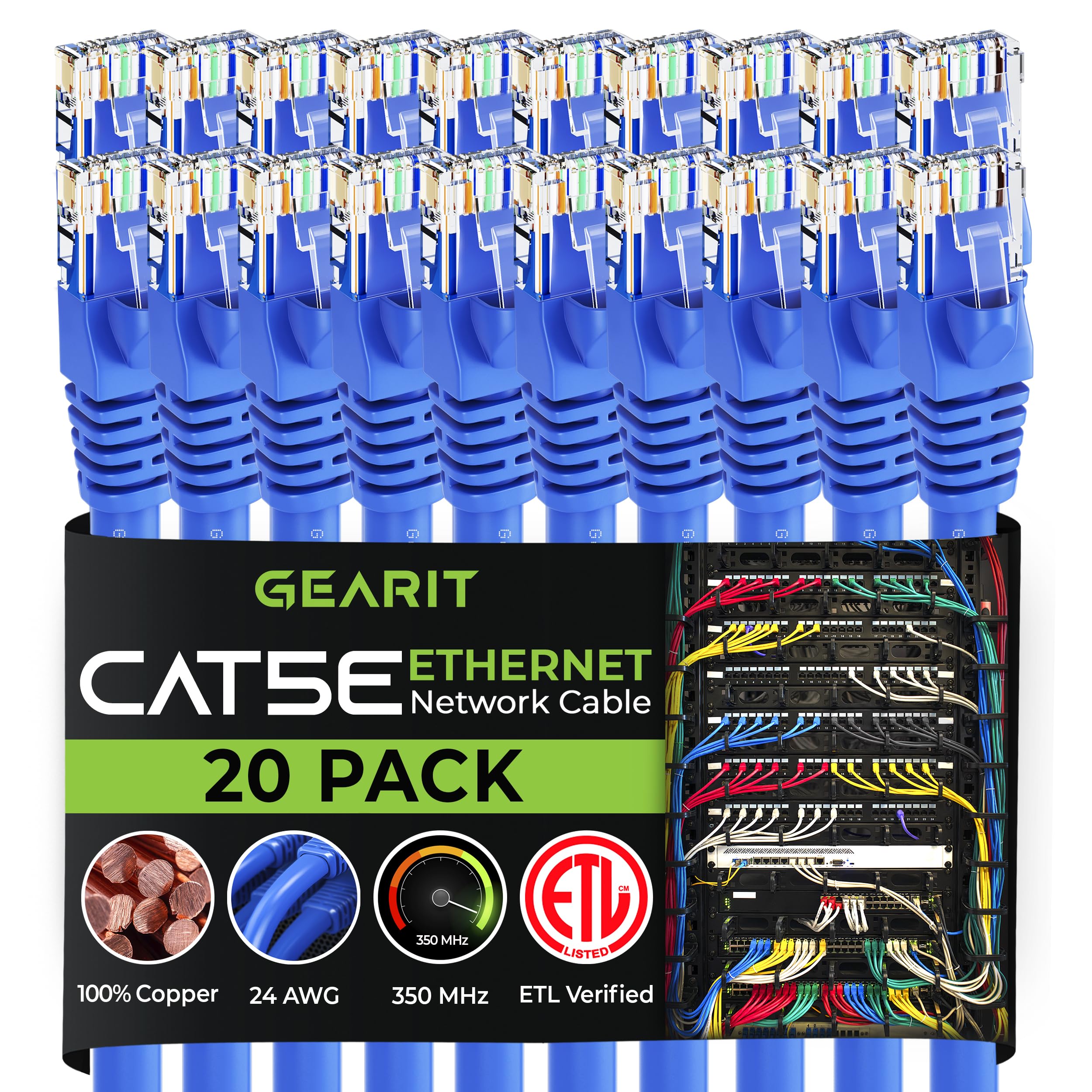 Gearit 20 Pack, Cat5E Ethernet Patch Cable 2 Feet   Snagless Rj45 Computer Lan Network Cord, Blue