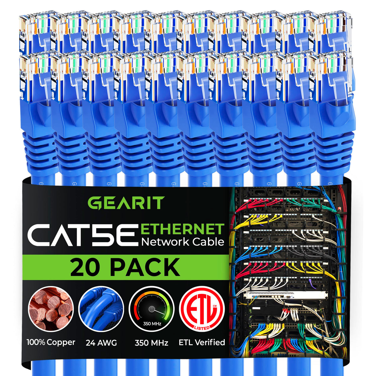 Gearit 20 Pack, Cat5E Ethernet Patch Cable 2 Feet   Snagless Rj45 Computer Lan Network Cord, Blue