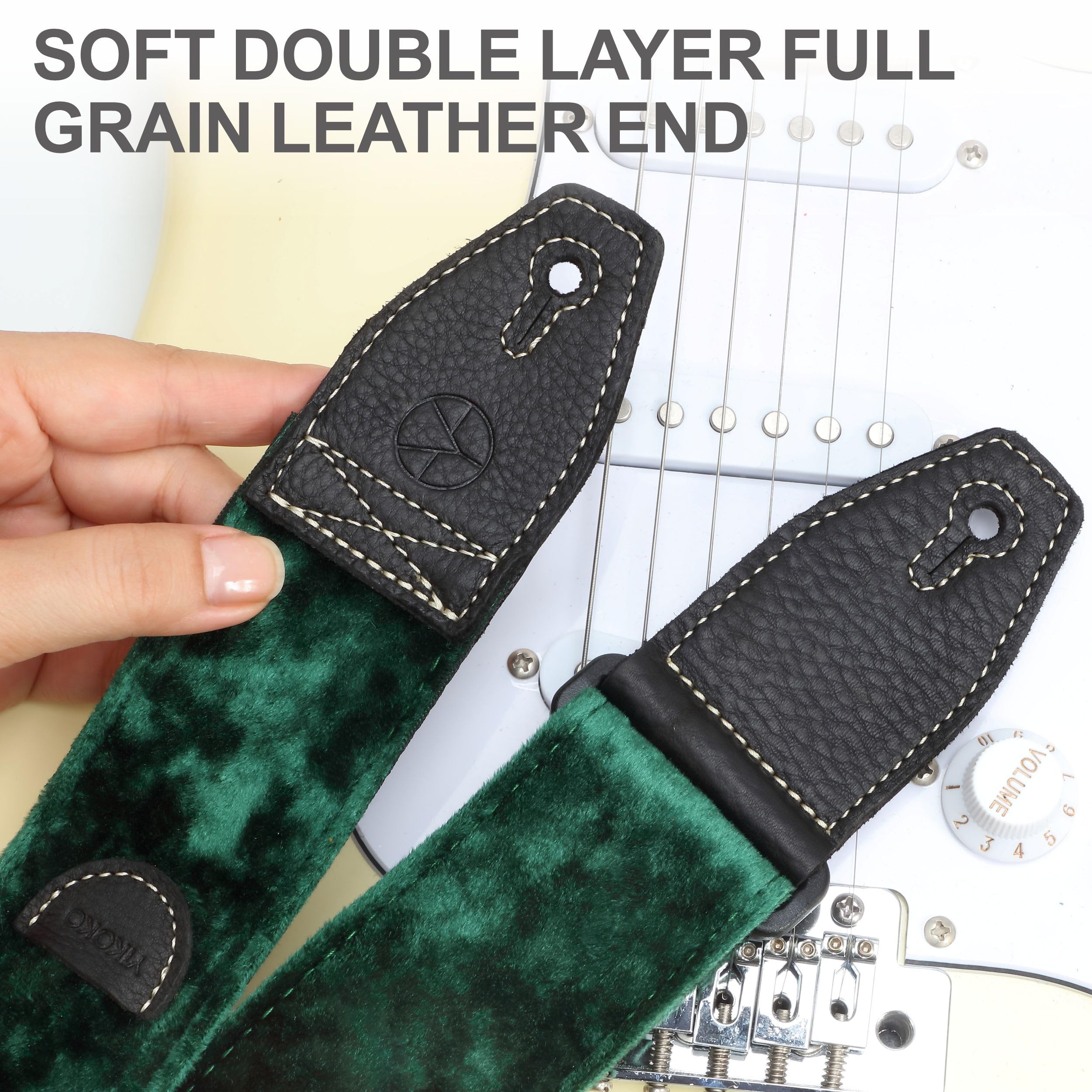 Yikoko Guitar Strap 2 Inch Velvet Guitar Straps With Full Grain Leather End, For Bass Electric And Acoustic Guitars, Free Strap