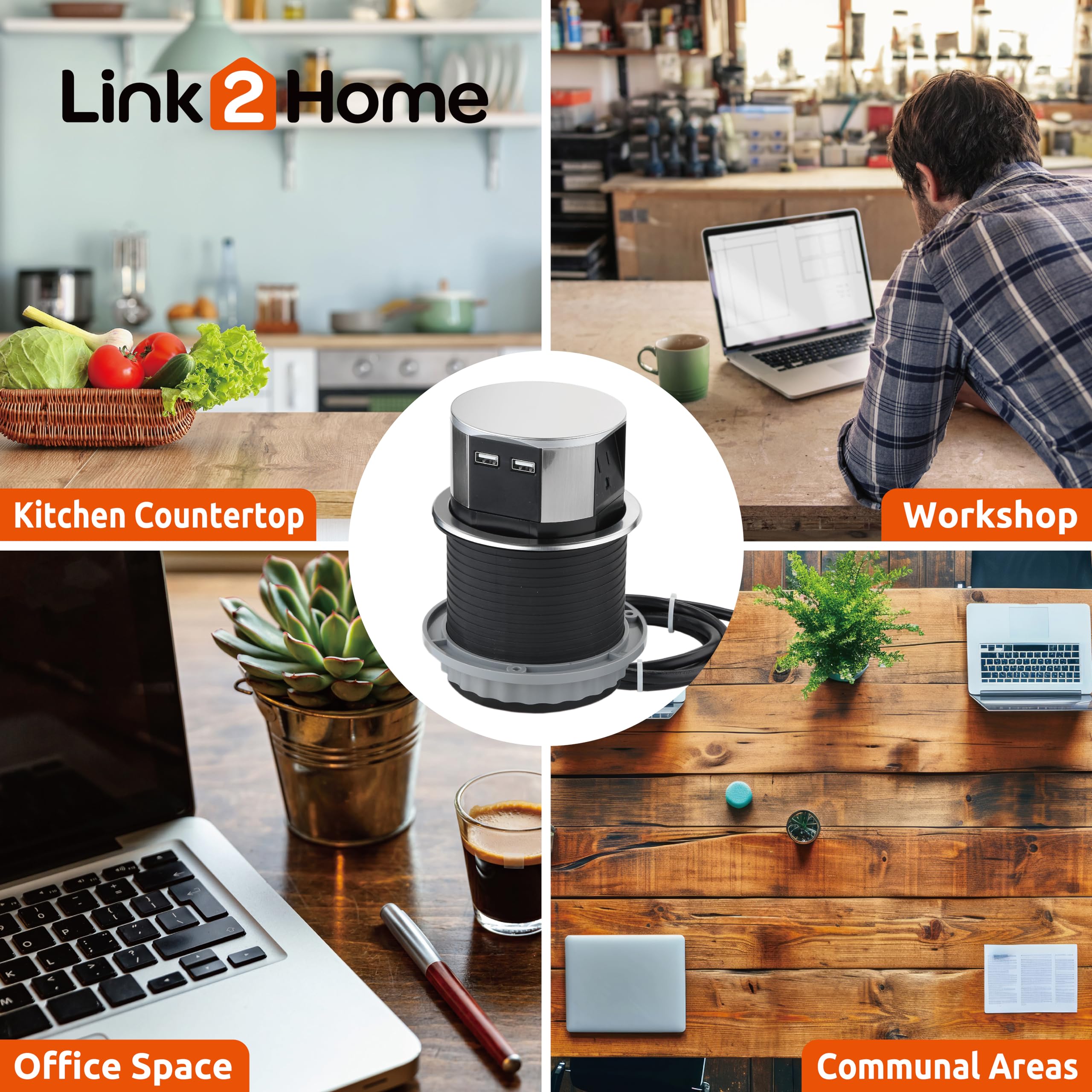 Link 2 Home Space Saver Pop Up Outlet With Usb, 3 Power Outlets 15A, 2 Usb Ports 2.4A Fast Charge, Splash Resistant, Stainless S