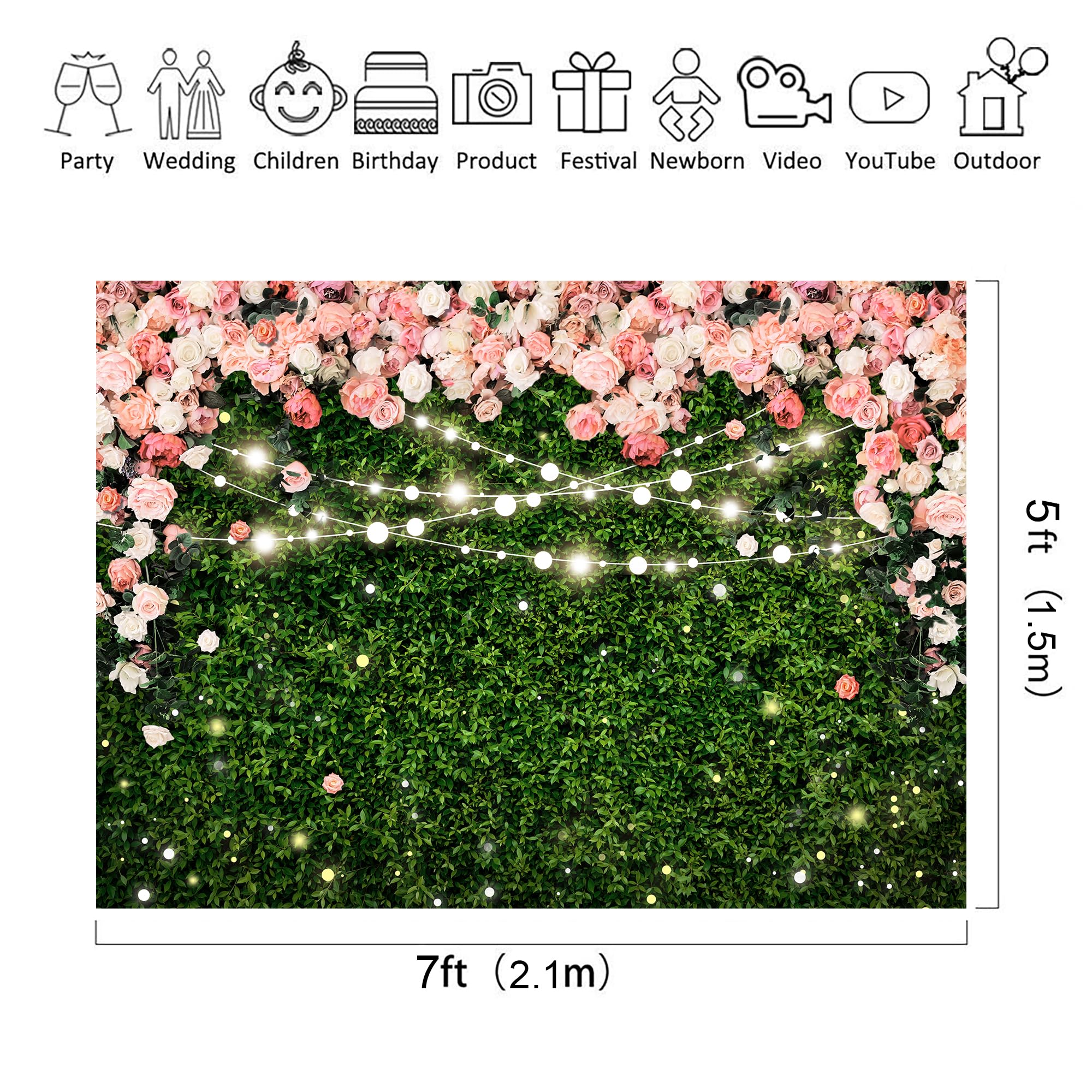 Riyidecor Flower Wall Backdrop 7Wx5H Feet Polyester Fabric Pink Rose Floral Blossom Green Leaves Plant Spring Nature Birthday Wo