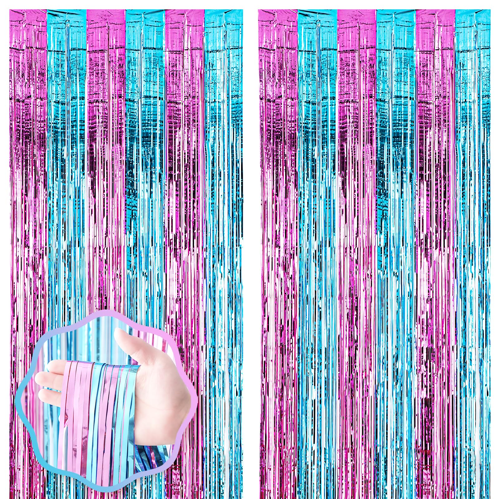 Voircoloria 2 Pack 3.3X8.2 Feet Blue And Pink Foil Fringe Backdrop Curtains, Tinsel Streamers Birthday Party Decorations, Fringe