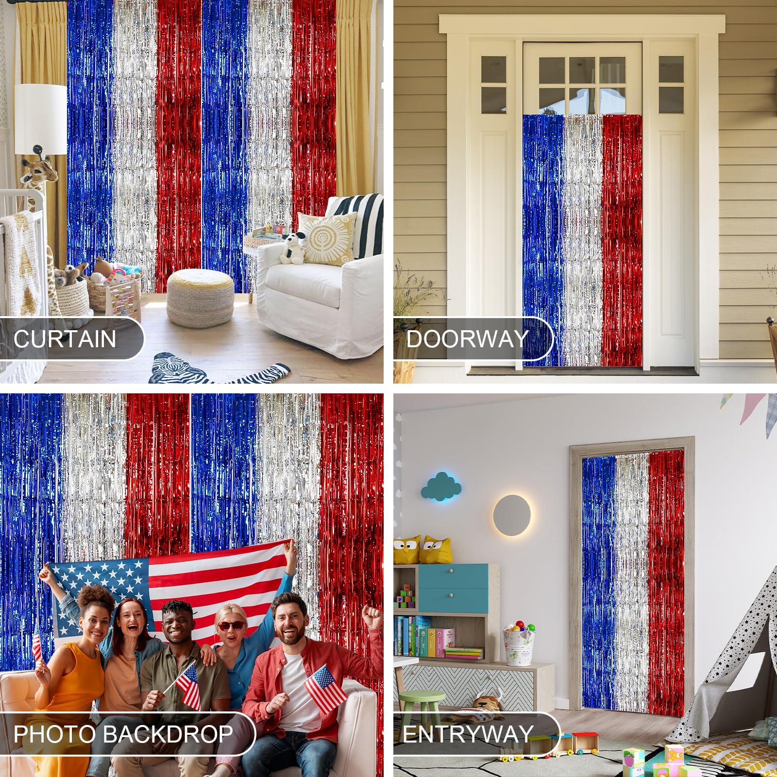 4Th Of July Decorations, 2 Packs 3.3 X 6.6 Ft Red White And Blue Foil Fringe Backdrop Curtains Tinsel Streamers For Patriotic, M