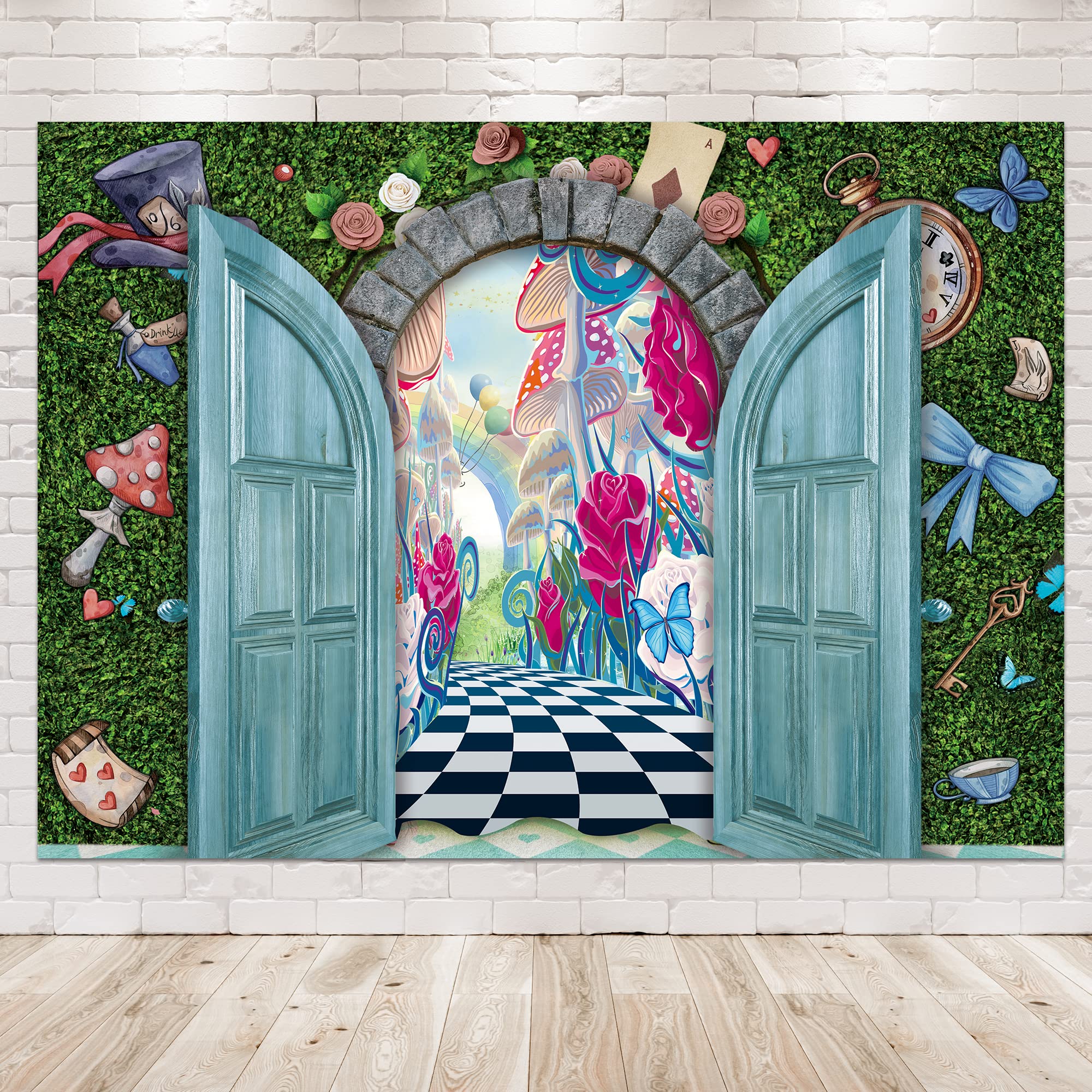 Newsely Wonderland Tea Party Photo Backdrop 7Wx5H Photography Key Hold Checkerboard Green Fence Mushroom Decorations Background
