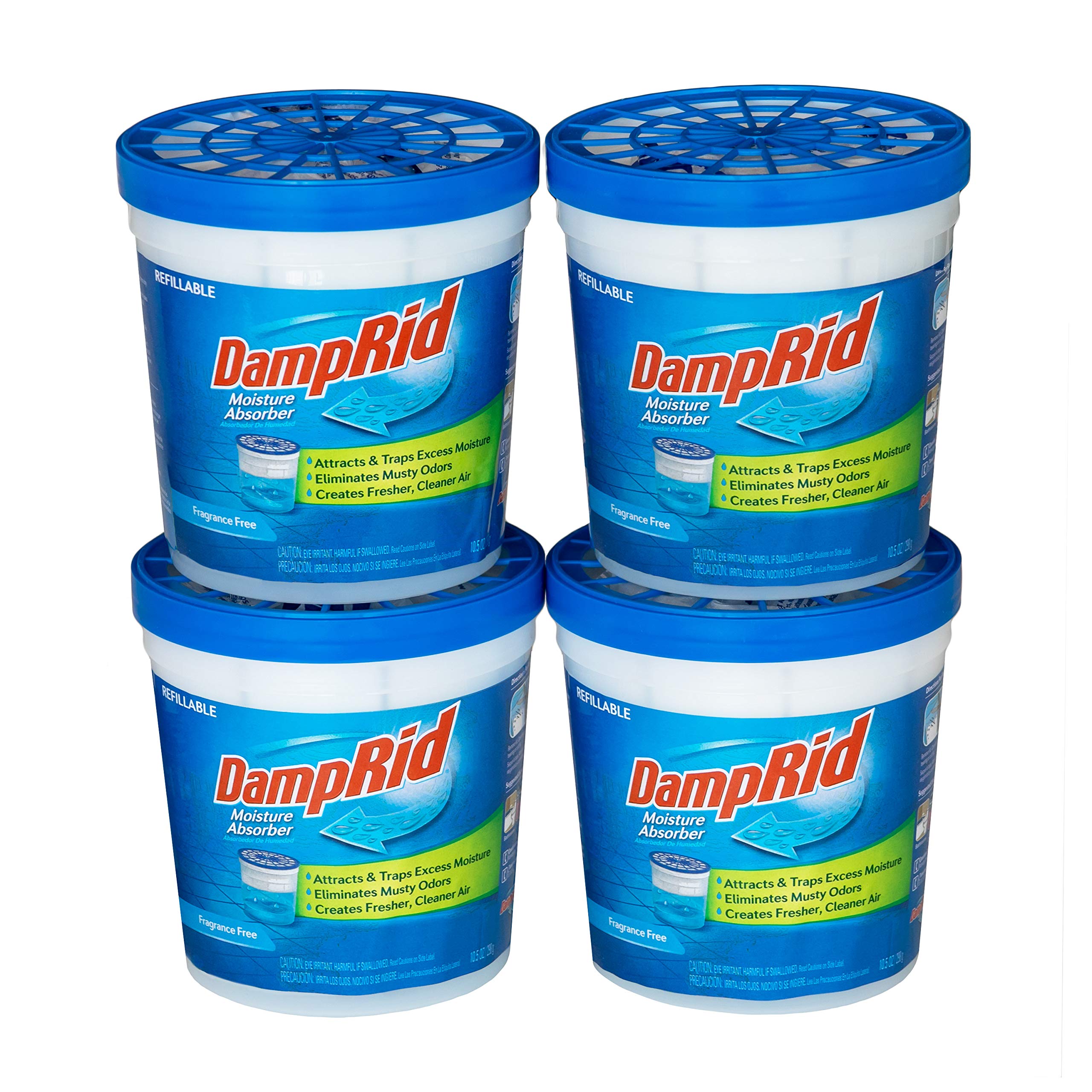 Damprid Refillable Moisture Absorber, 10.5 Oz. Cups, 4 Pack, Fragrance Free, Traps Moisture For Fresher, Cleaner Air, No Electri