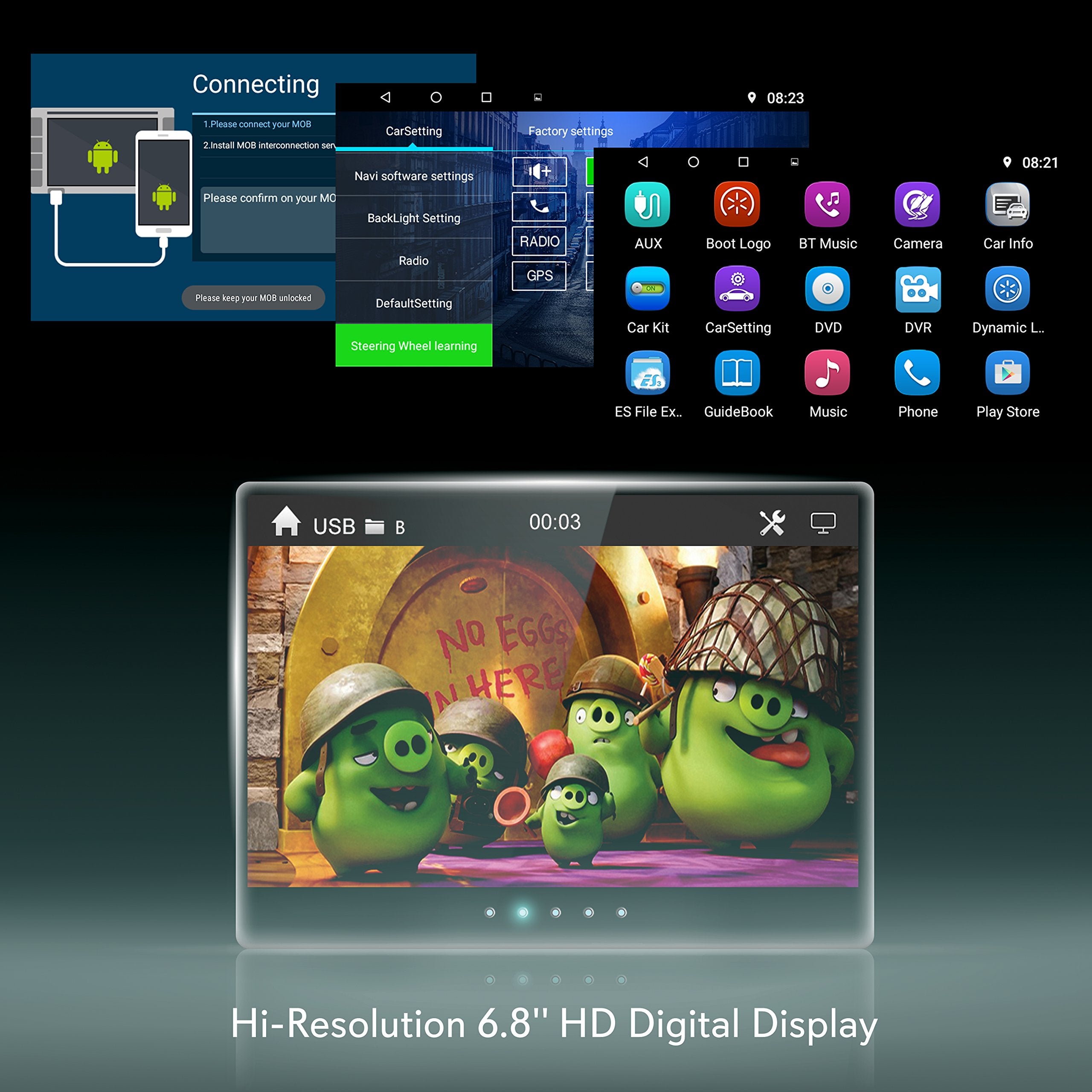 Pyle Car Stereo Receiver System   Hi Res 6.8'' Digital Display, Double Din Android Touch Screen Monitor With Backup Cam, Usb, Bl