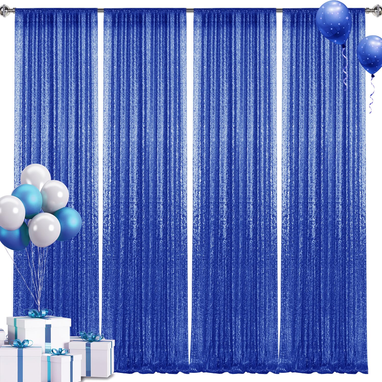 2  8Ft 4Pcs Royal Blue Sequin Backdrop Curtains Panels, Photography Backdrop Glitter Curtains Fabric Background For Christmas We