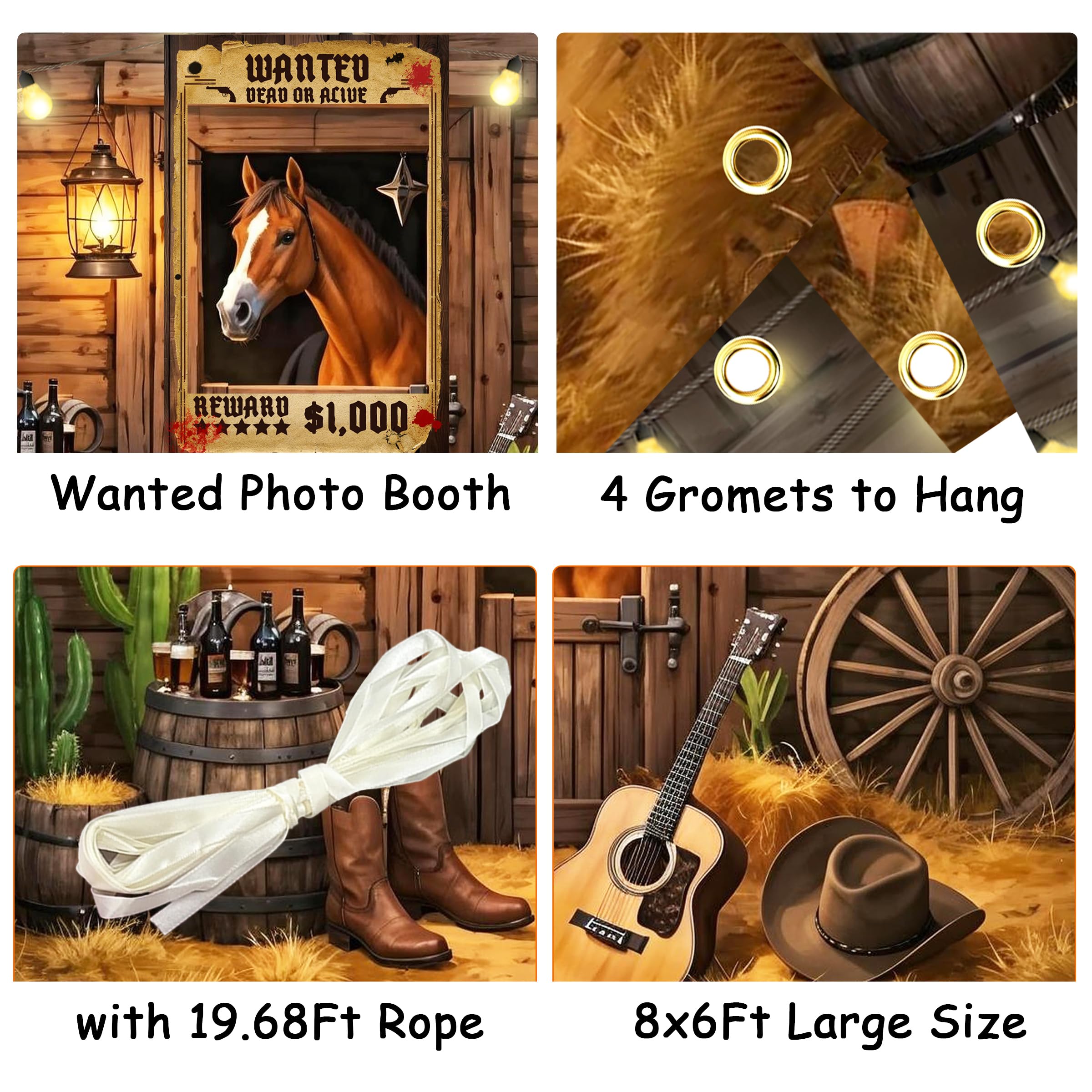 Large Western Backdrop For Photoshoot 8X6Ft Cowboy Backdrop Wild West Wooden Barn Horse Photo Background With 19.68Ft Rope And W
