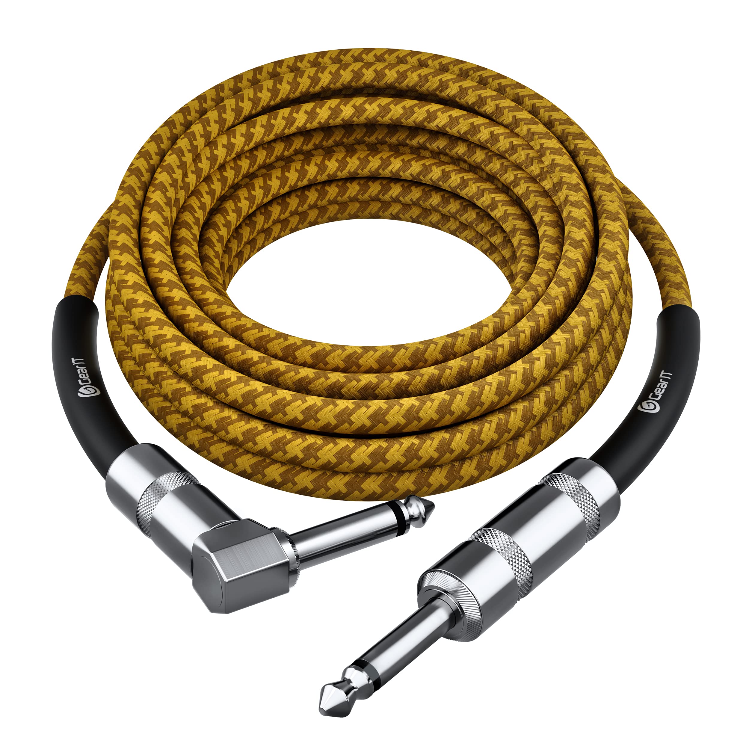 Gearit Audio Instrument Cable (10Ft) Right Angle To Straight 1/4 Inch Male To Male For Amp Cord, Base And Electric Guitar   Brow