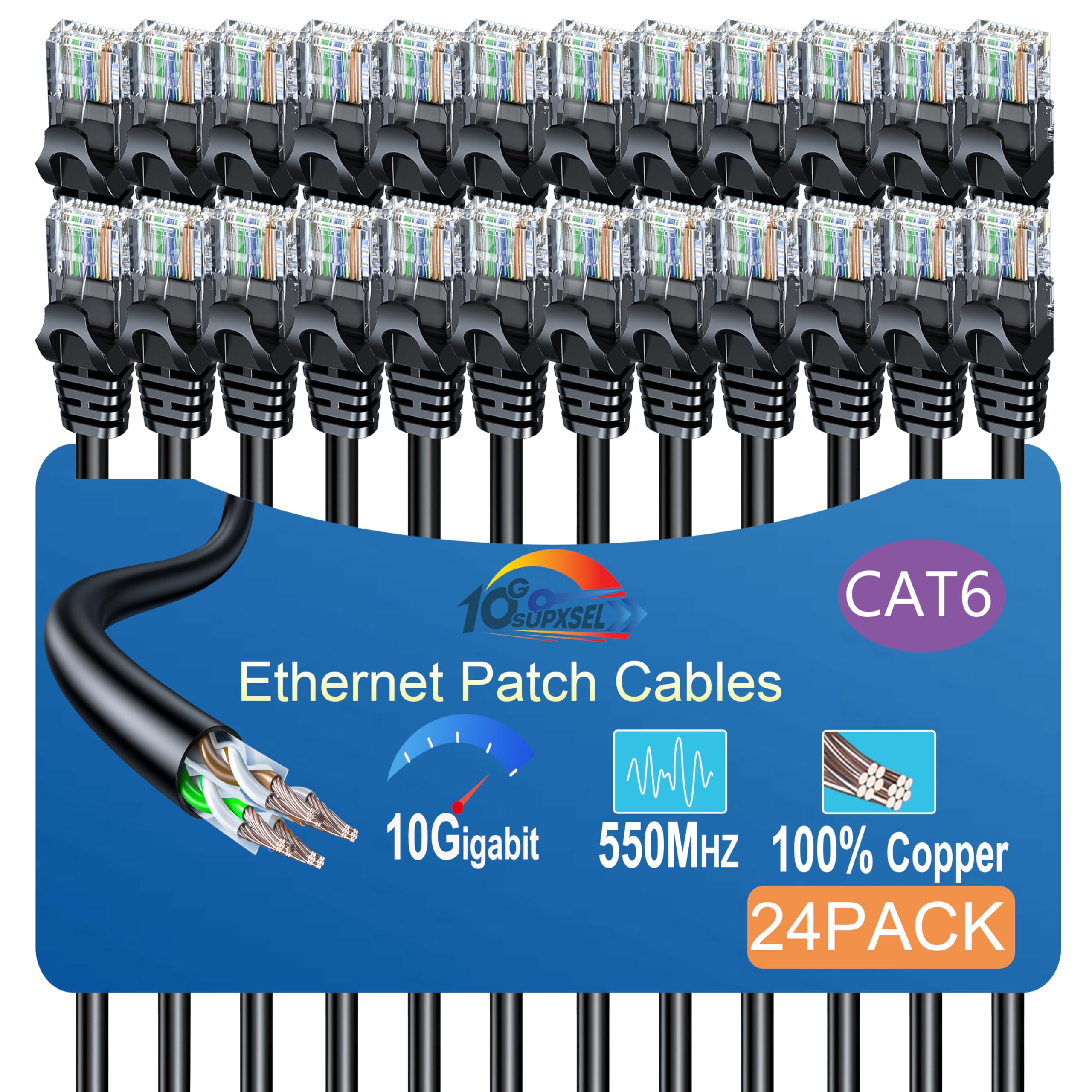 Cat 6 Ethernet Cable 2Ft (24Pack), Cat6 Ethernet Patch Cable 10Gbps, High Speed Utp Cat6 Network Cable Pure Copper, Cat 6 Cable